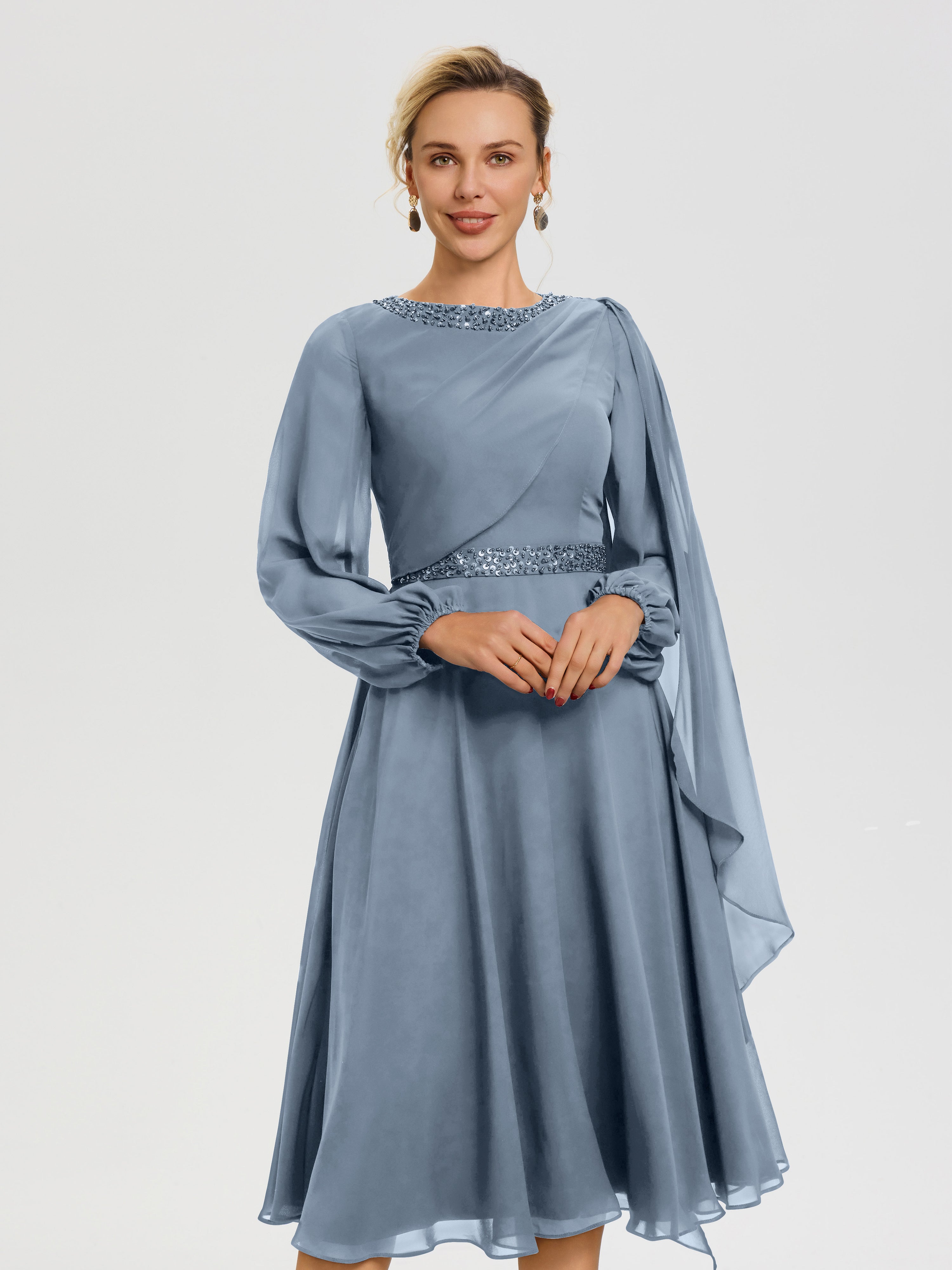 Cicinia Robe Mère De La Mariée Bleu Poudré Col Rond Manches Longues Mousseline Robe De Mère Du Marié