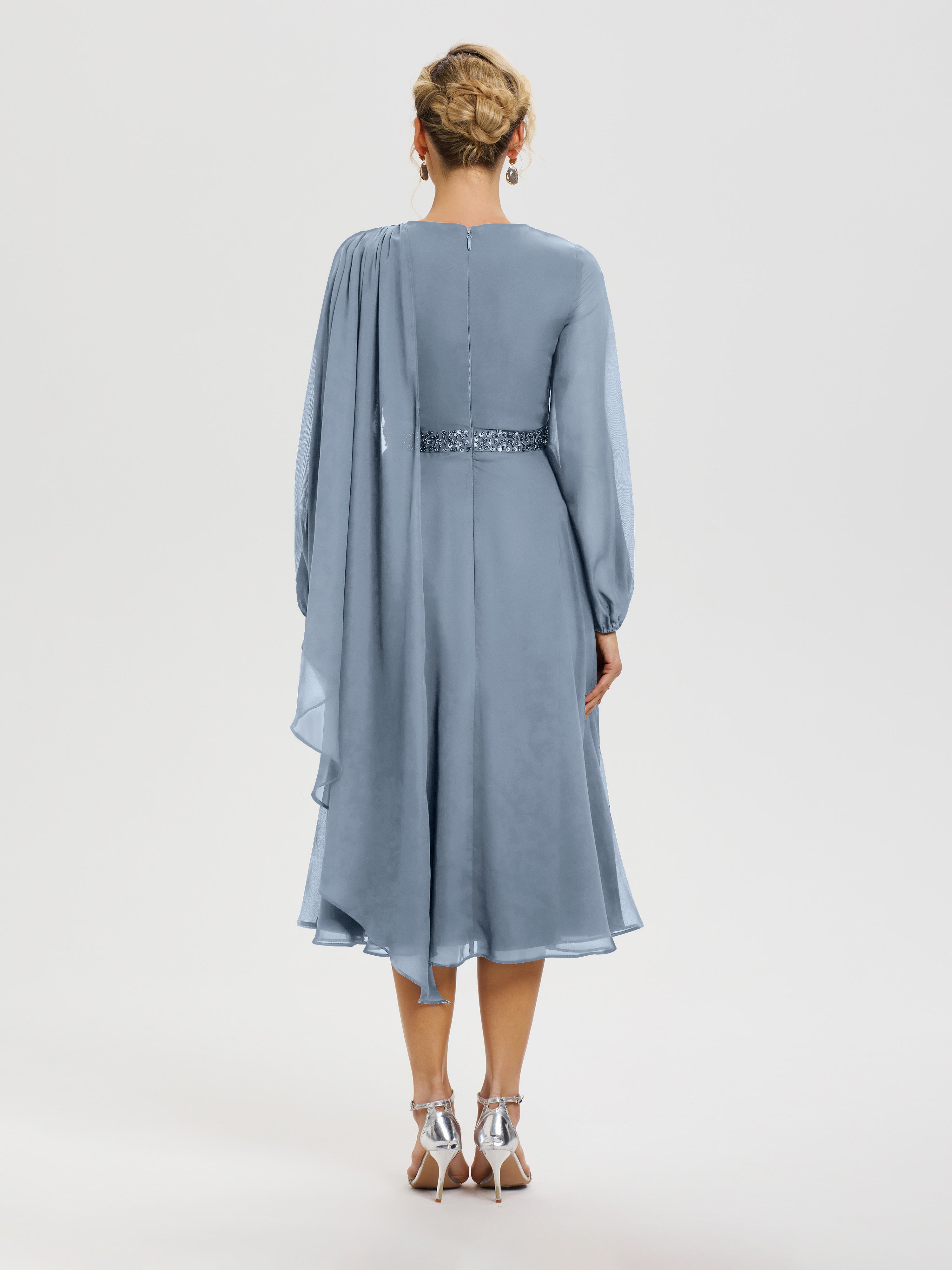 Cicinia Robe Mère De La Mariée Bleu Poudré Col Rond Manches Longues Mousseline Robe De Mère Du Marié