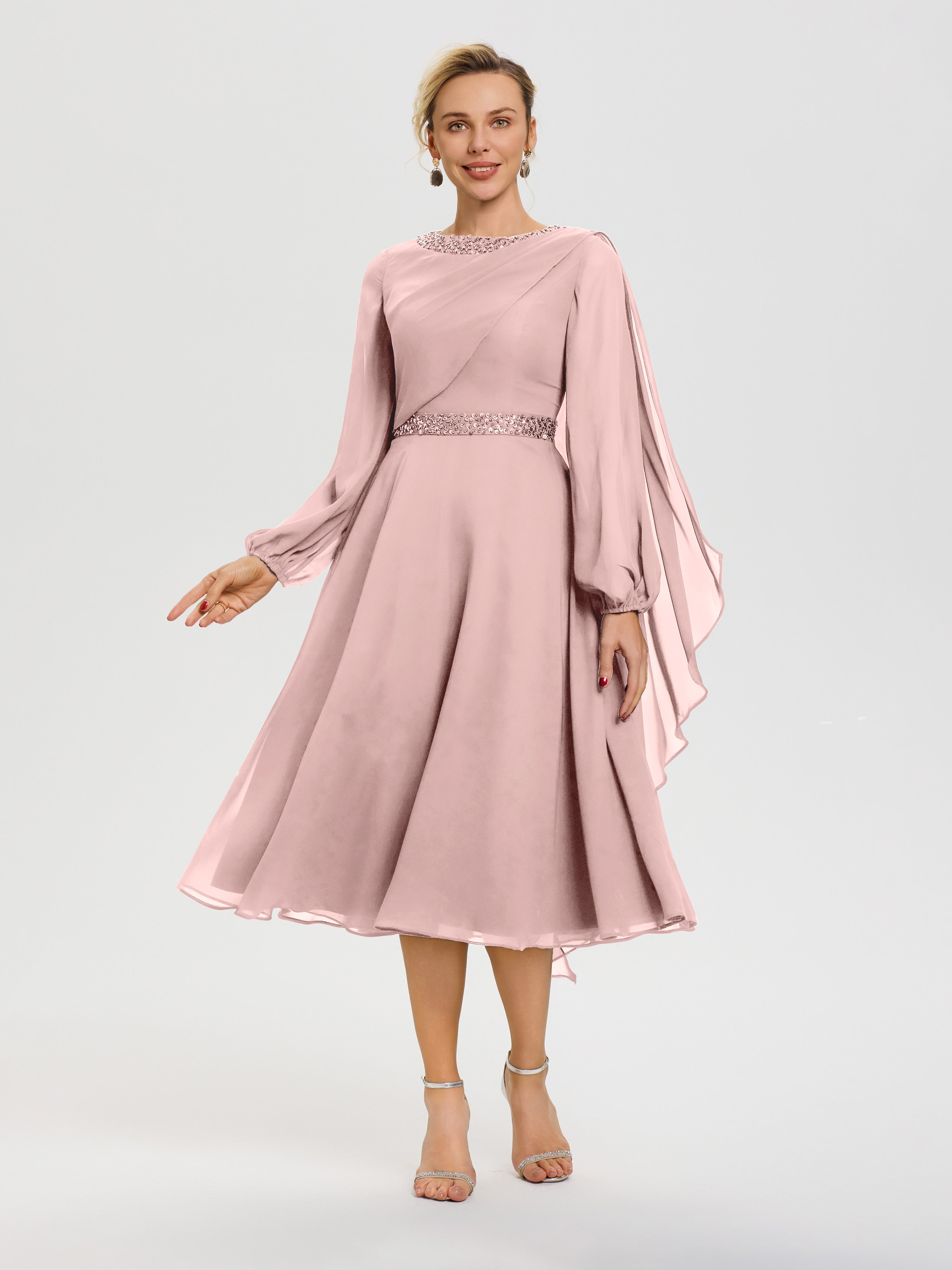Robe Mere Dela Mariee Rose Poudré Col Rond Manches Longues Mousseline Robe De Mère Du Marié