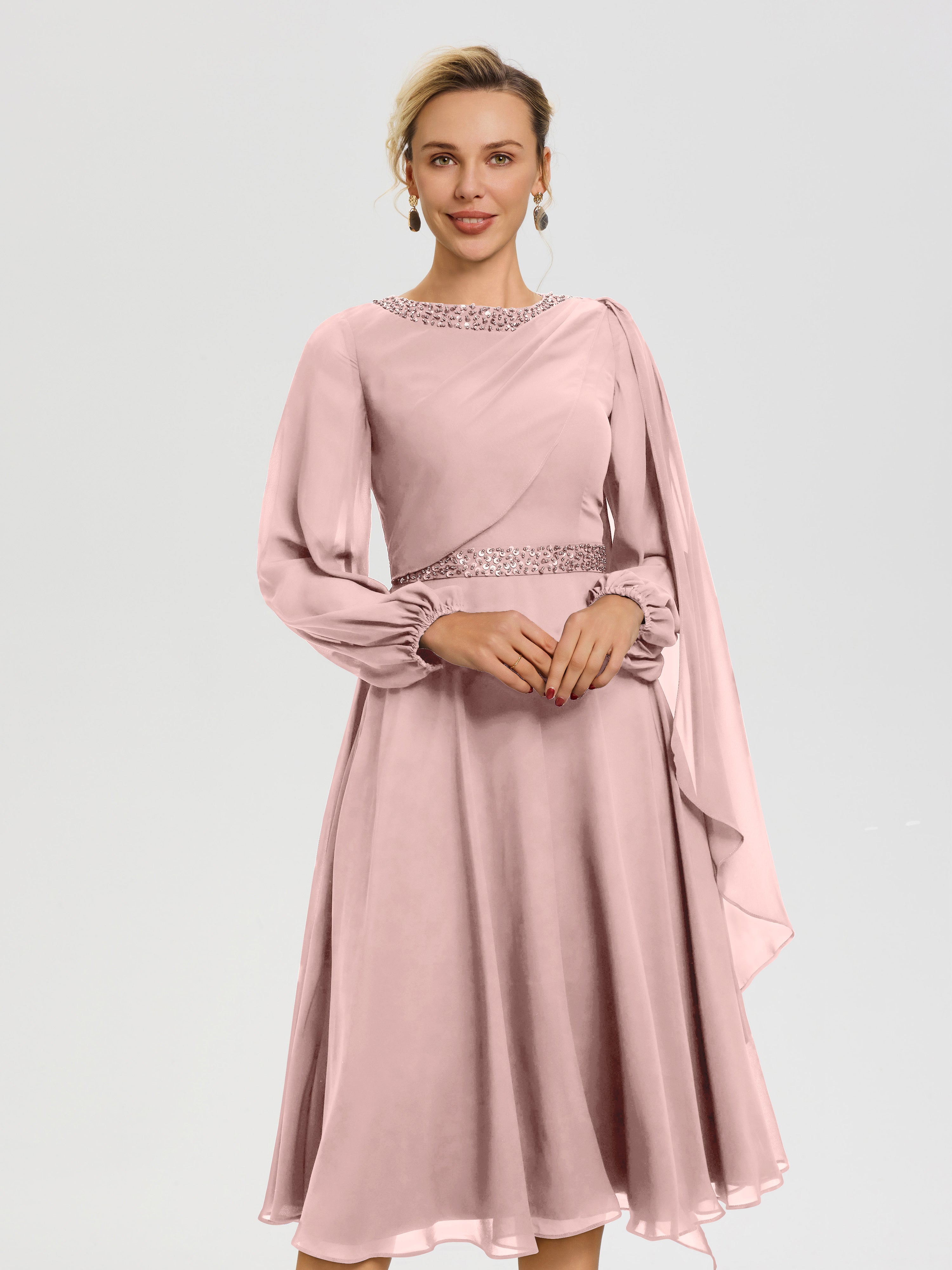 Robe Mere Dela Mariee Rose Poudré Col Rond Manches Longues Mousseline Robe De Mère Du Marié