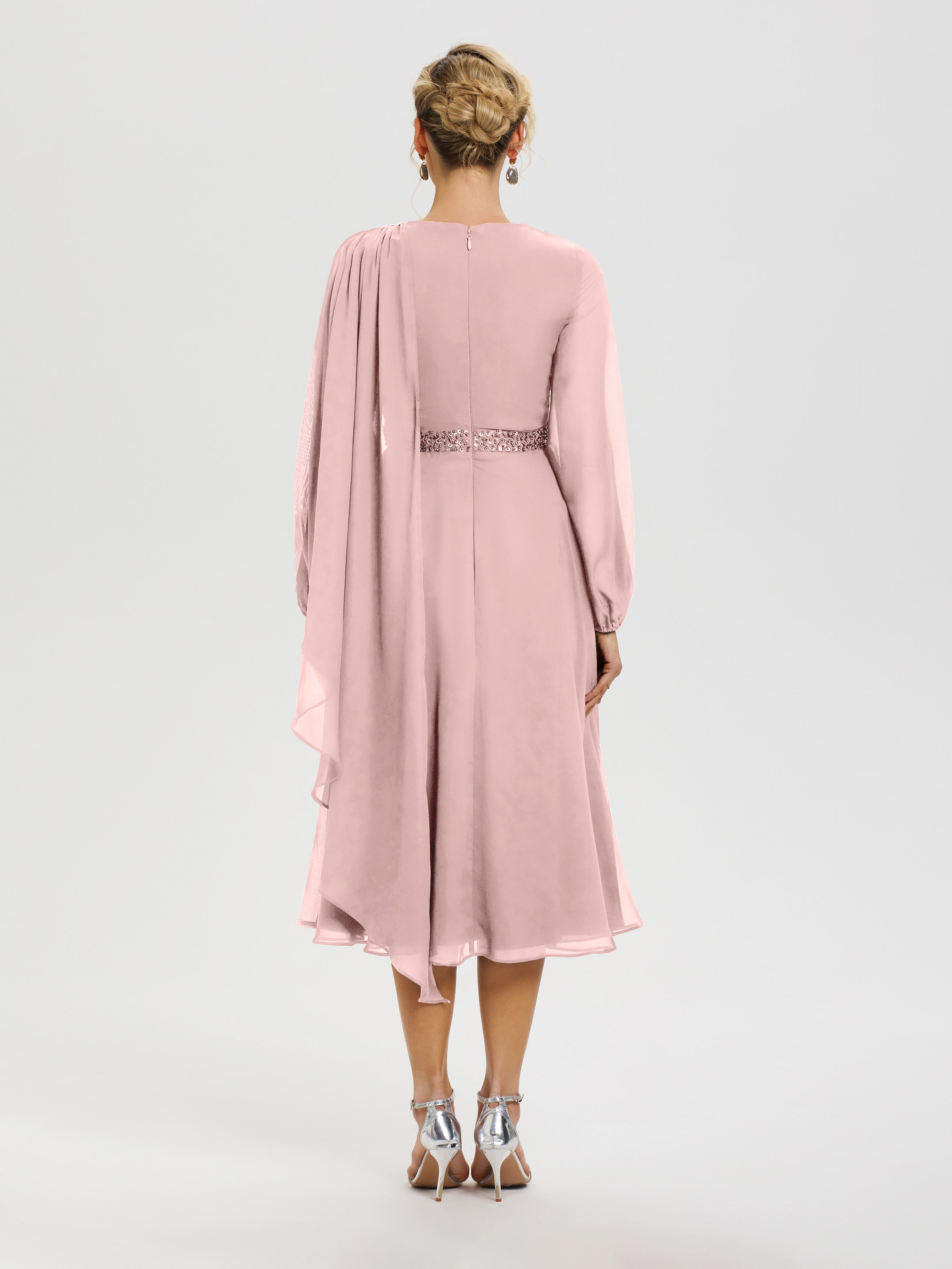Robe Mere Dela Mariee Rose Poudré Col Rond Manches Longues Mousseline Robe De Mère Du Marié