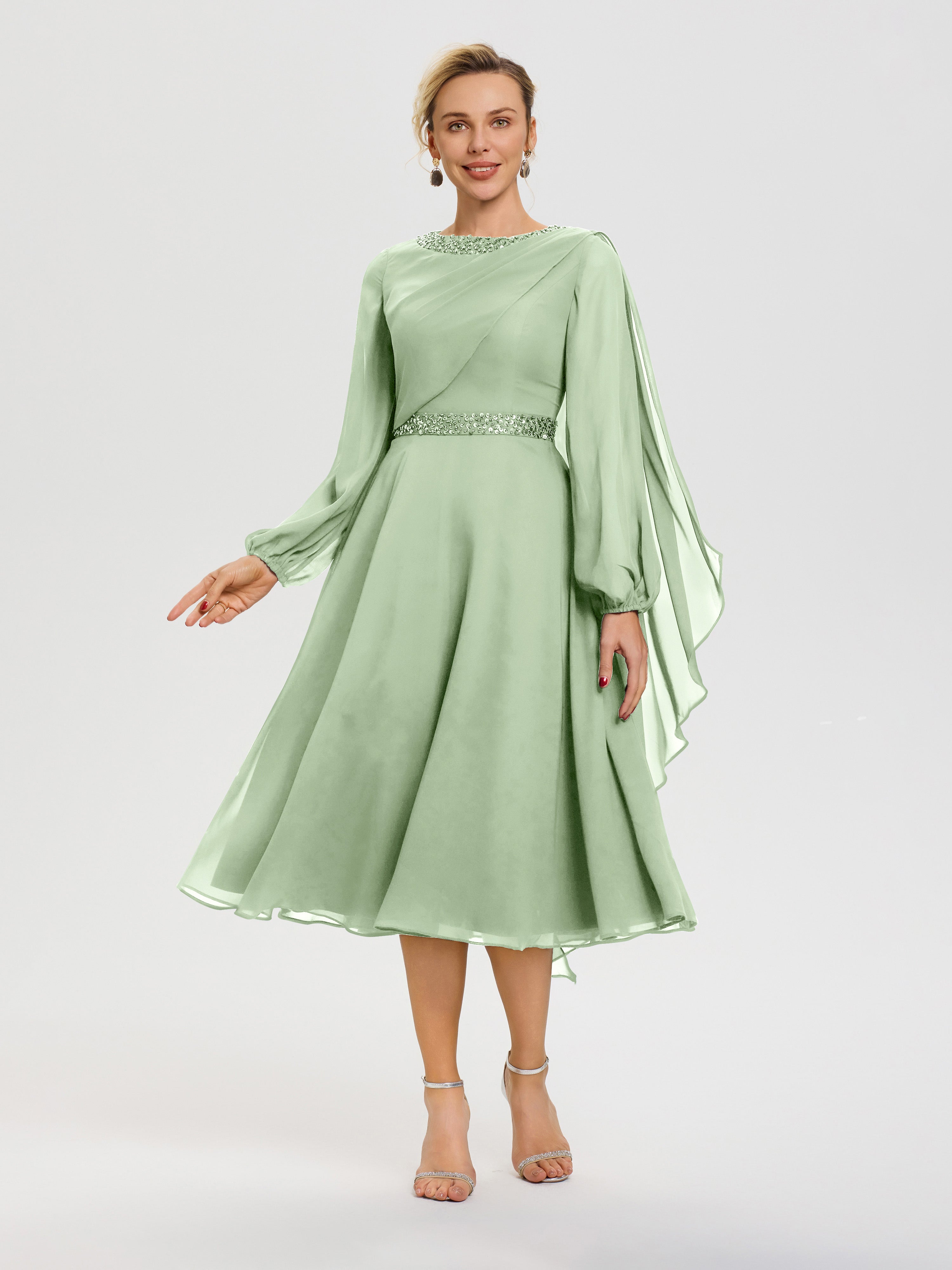 Robe De Cérémonie Mère De La Mariée Sauge Poudrée Col Rond Manches Longues Mousseline Robe De Mère Du Marié