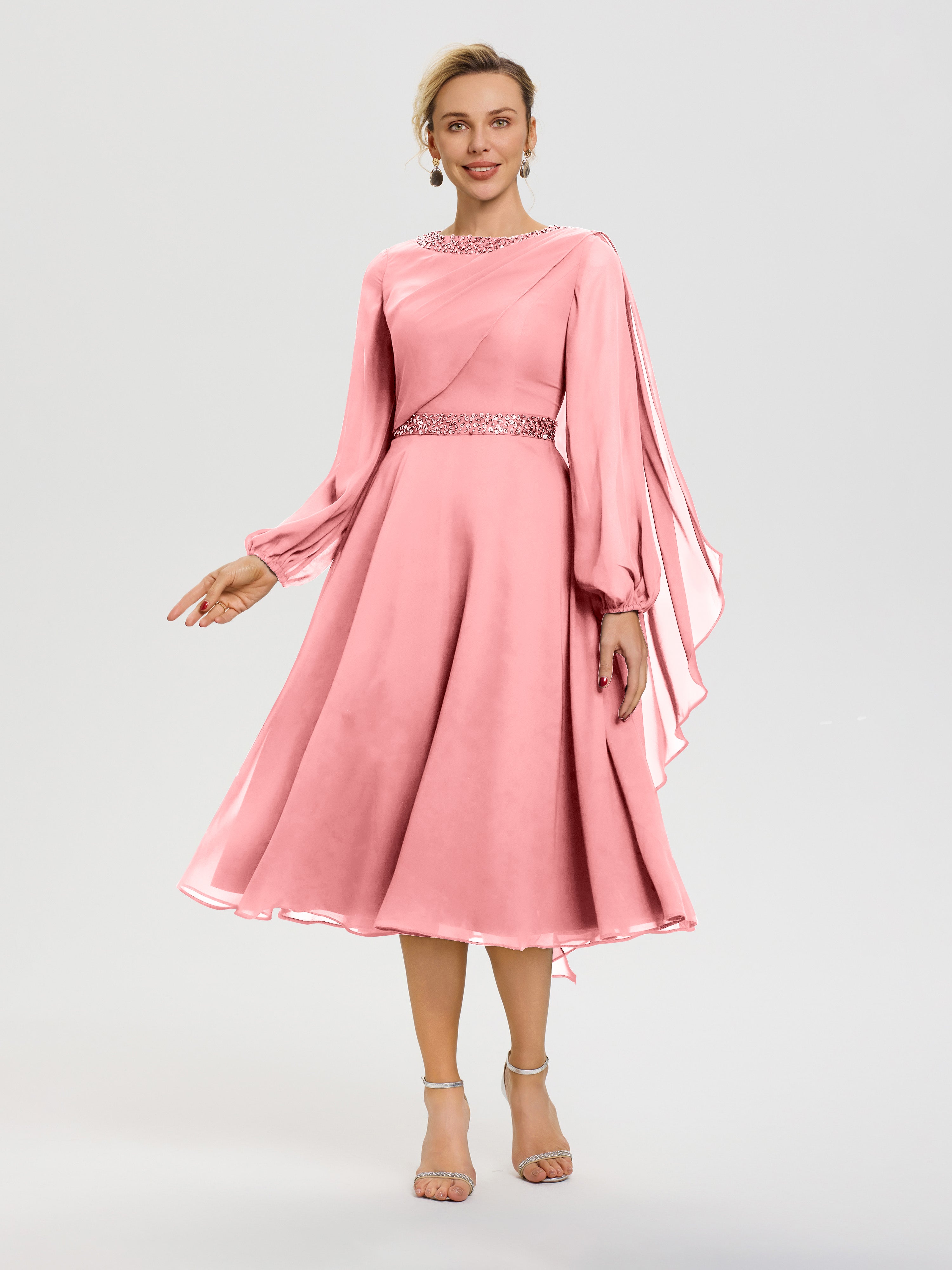 Robe De Mère Du Marié Flamant Col Rond Manches Longues Mousseline Robe De Mère Du Marié
