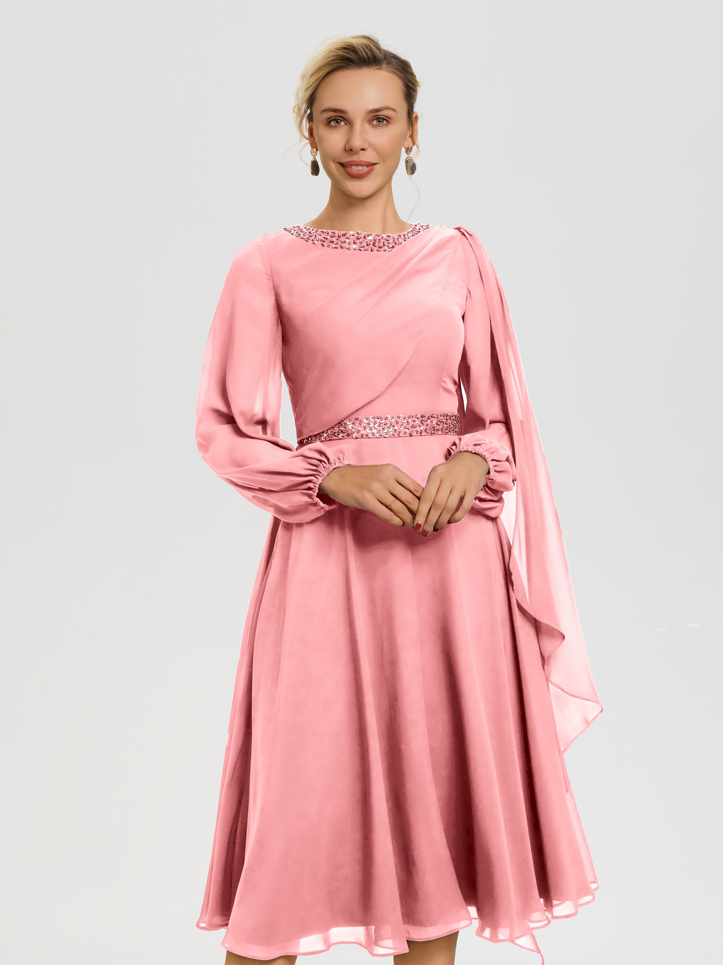 Robe De Mère Du Marié Flamant Col Rond Manches Longues Mousseline Robe De Mère Du Marié