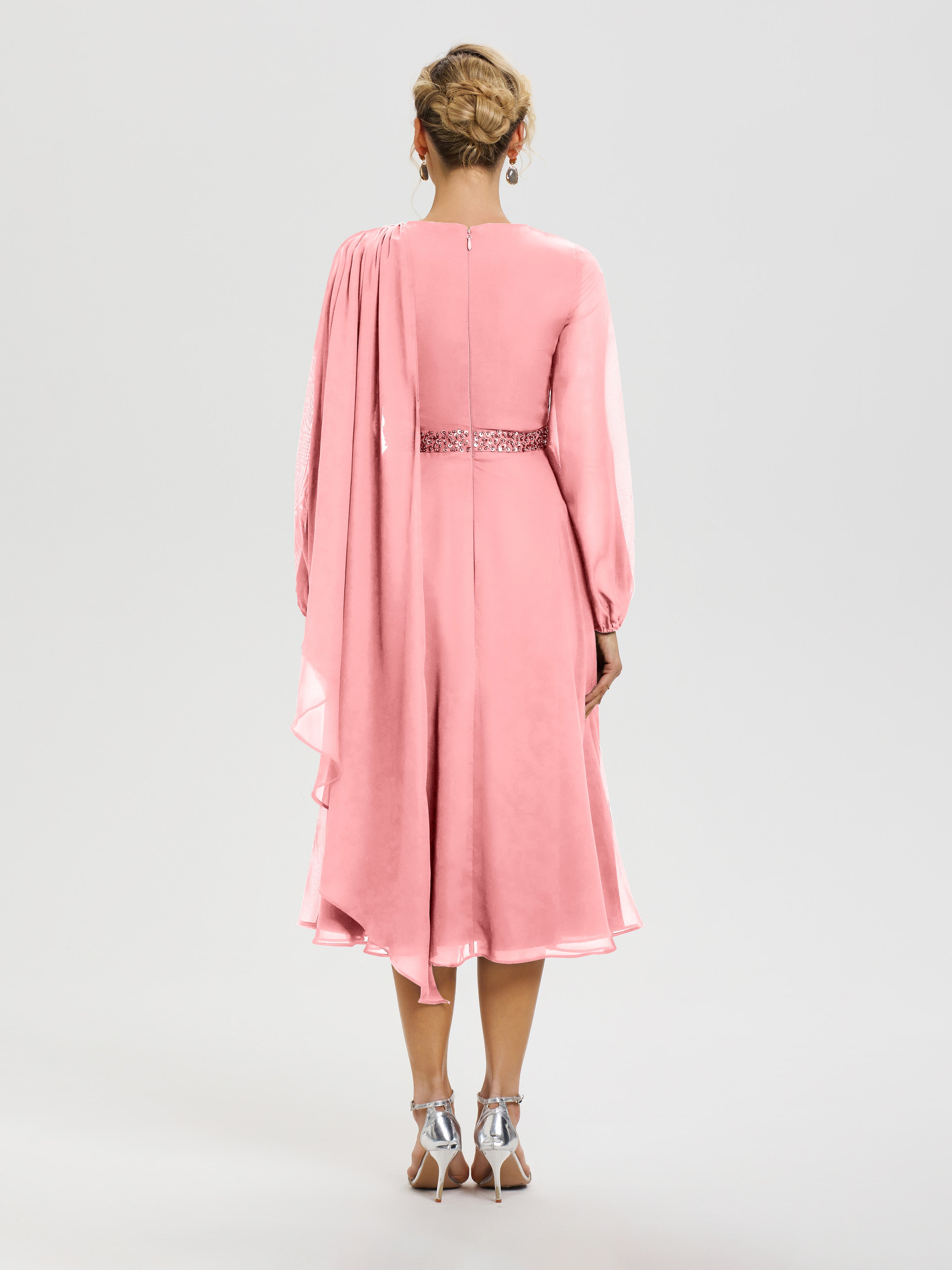 Robe De Mère Du Marié Flamant Col Rond Manches Longues Mousseline Robe De Mère Du Marié