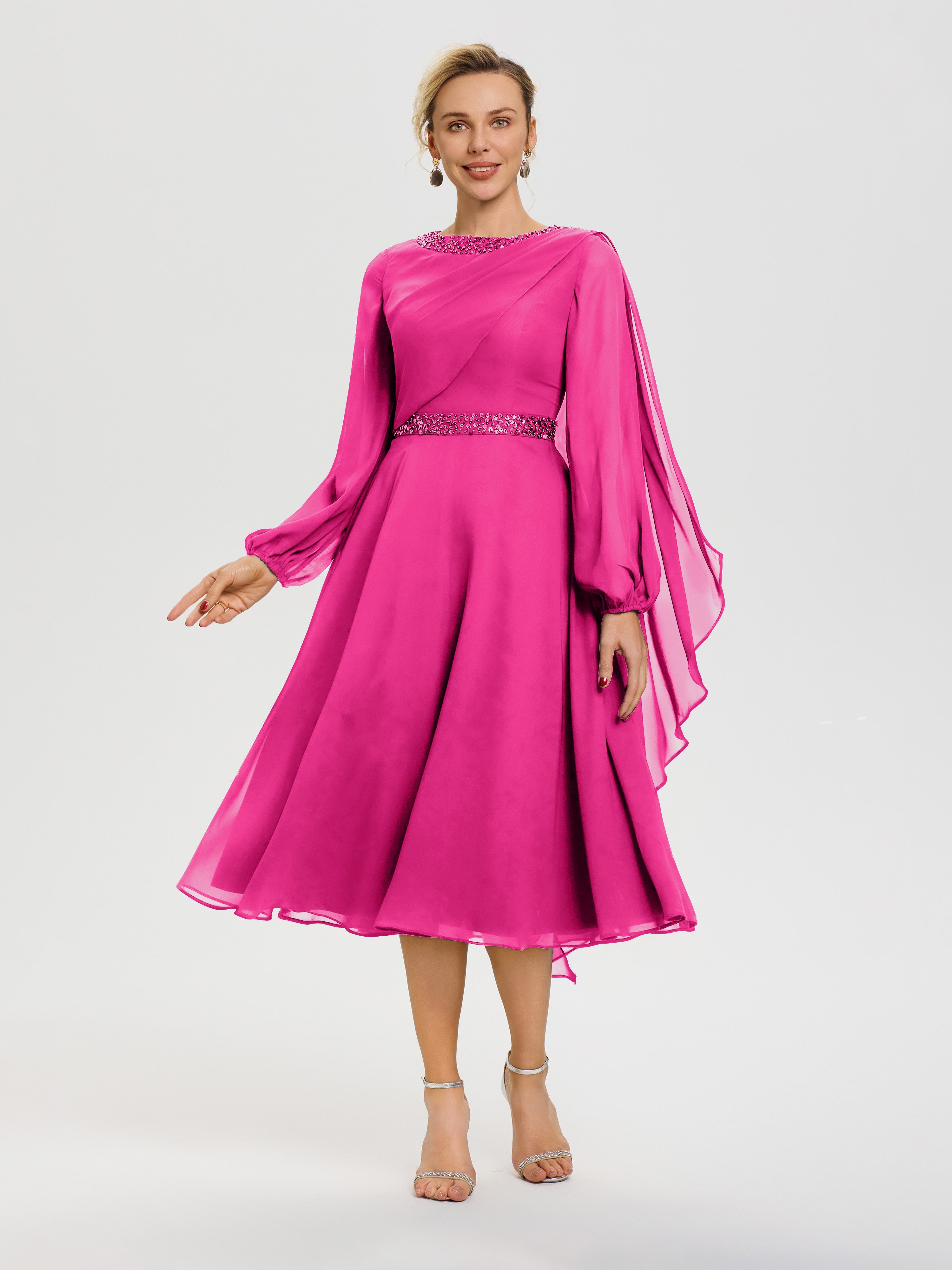 Robe Pour Mère De La Mariée Fuchsia Col Rond Manches Longues Mousseline Robe De Mère Du Marié
