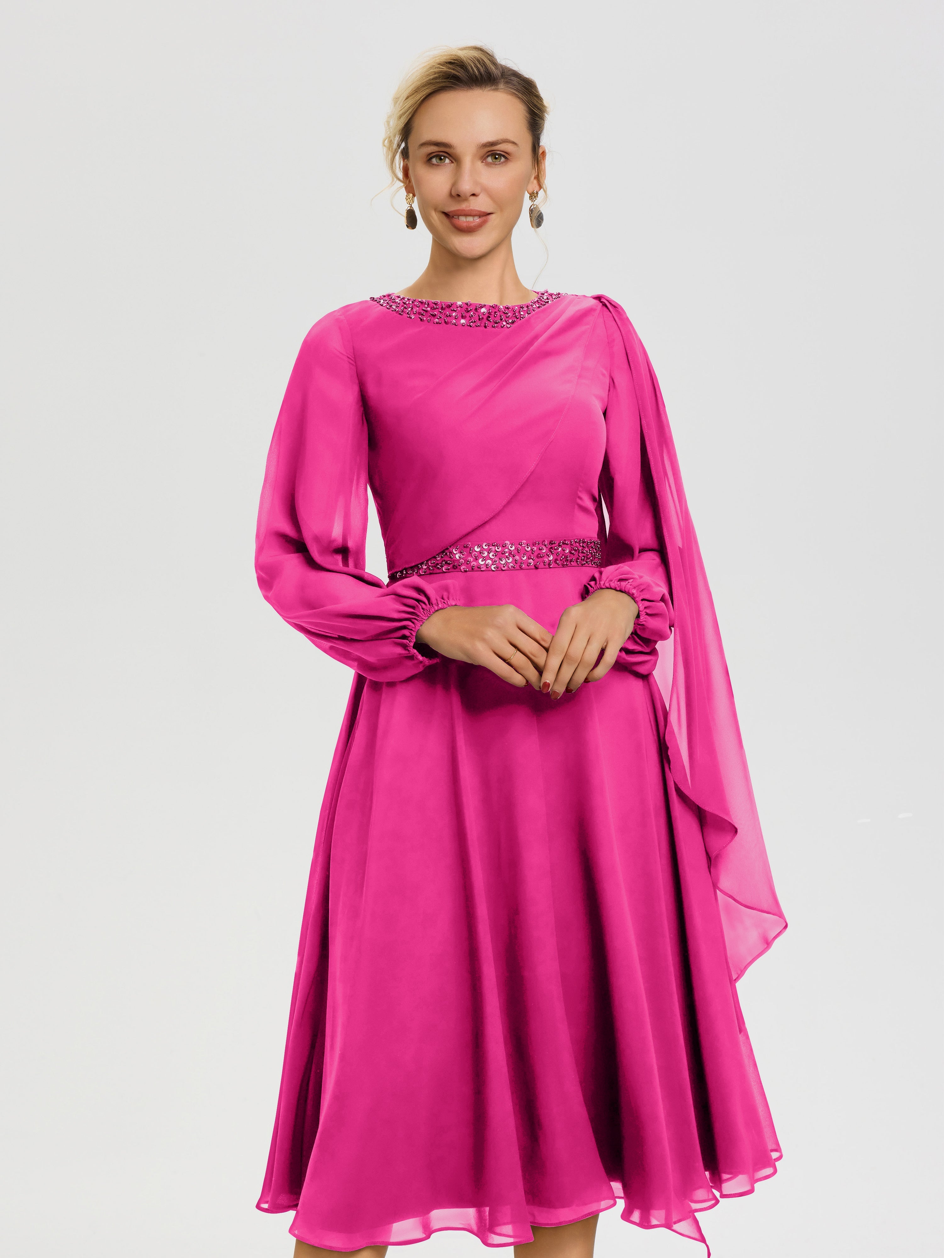 Robe Pour Mère De La Mariée Fuchsia Col Rond Manches Longues Mousseline Robe De Mère Du Marié
