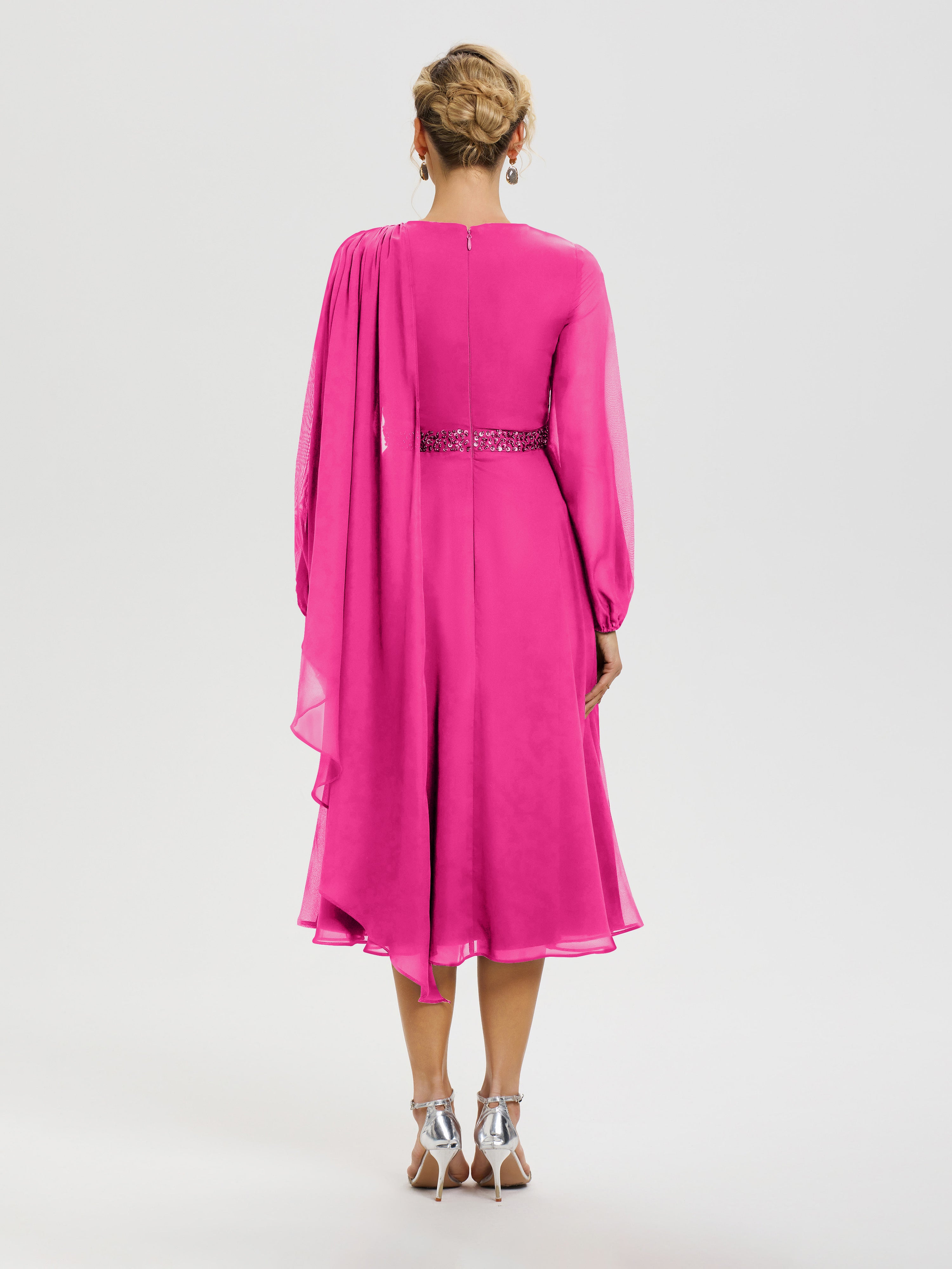 Robe Pour Mère De La Mariée Fuchsia Col Rond Manches Longues Mousseline Robe De Mère Du Marié