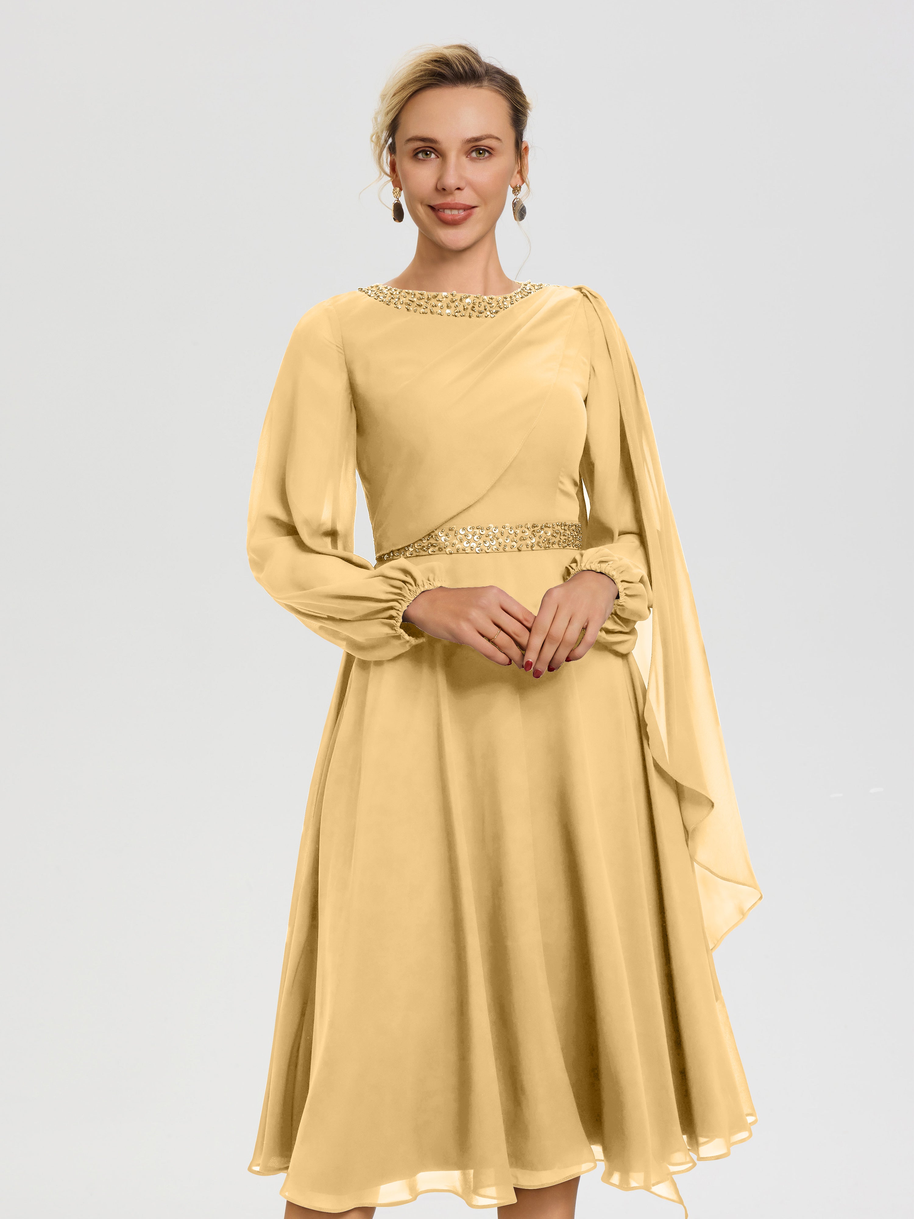 Robe Pour Mère De La Mariée Or Col Rond Manches Longues Mousseline Robe De Mère Du Marié