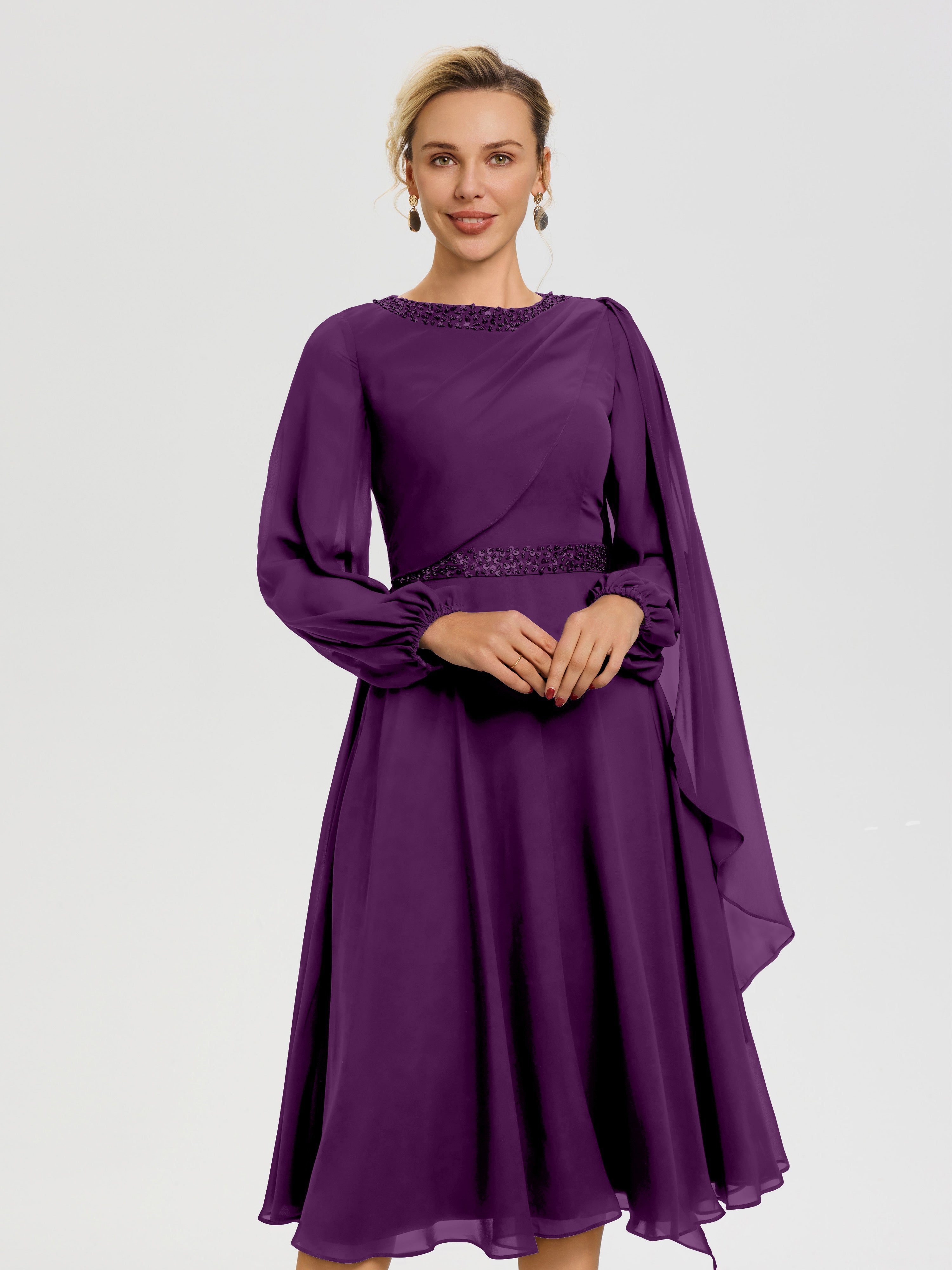 Robe De Cérémonie Mère De La Mariée Raisin Col Rond Manches Longues Mousseline Robe De Mère Du Marié