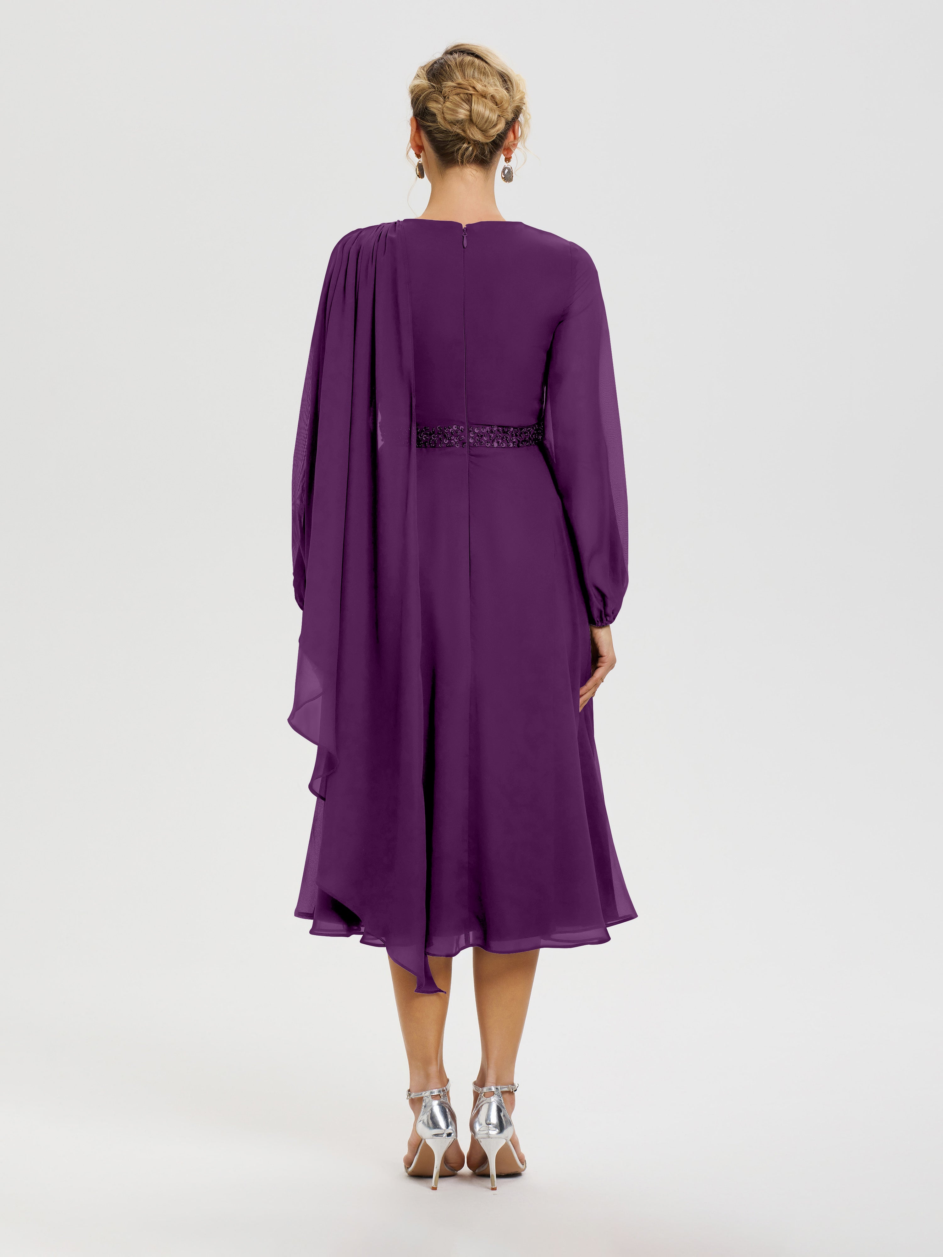 Robe De Cérémonie Mère De La Mariée Raisin Col Rond Manches Longues Mousseline Robe De Mère Du Marié