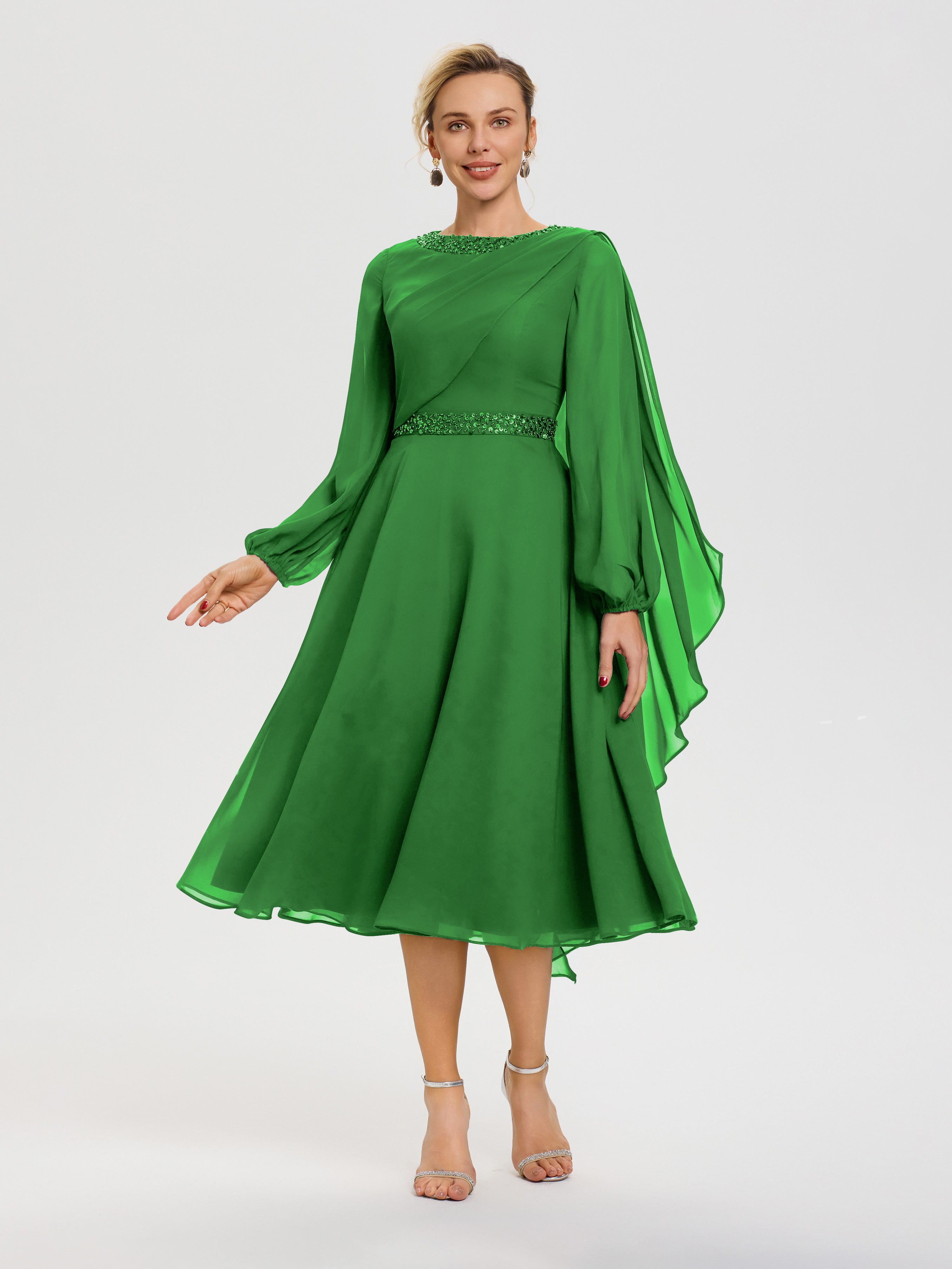 Robe Verte Mere De La Mariee Col Rond Manches Longues Mousseline Robe De Mère Du Marié