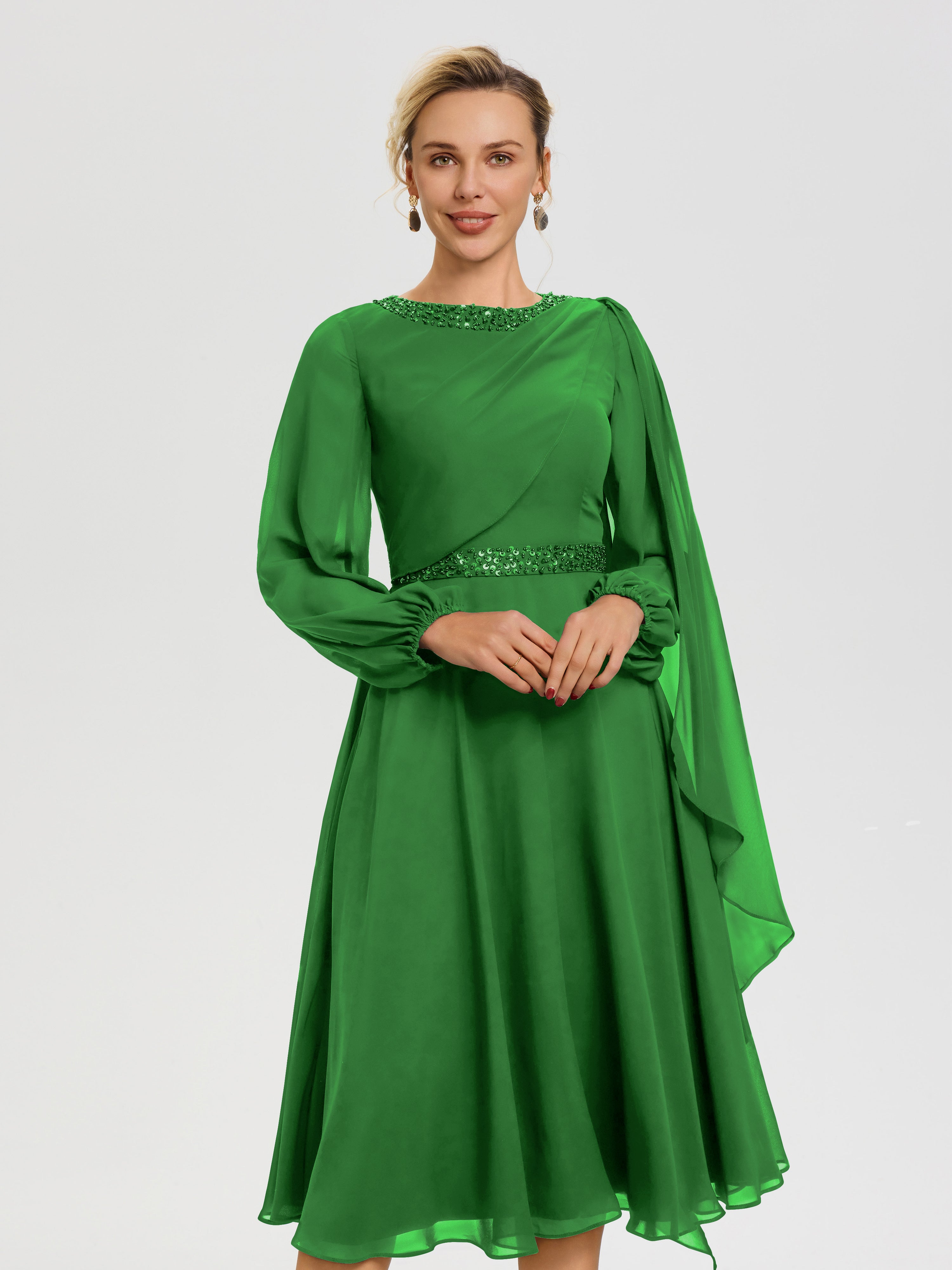 Robe Verte Mere De La Mariee Col Rond Manches Longues Mousseline Robe De Mère Du Marié