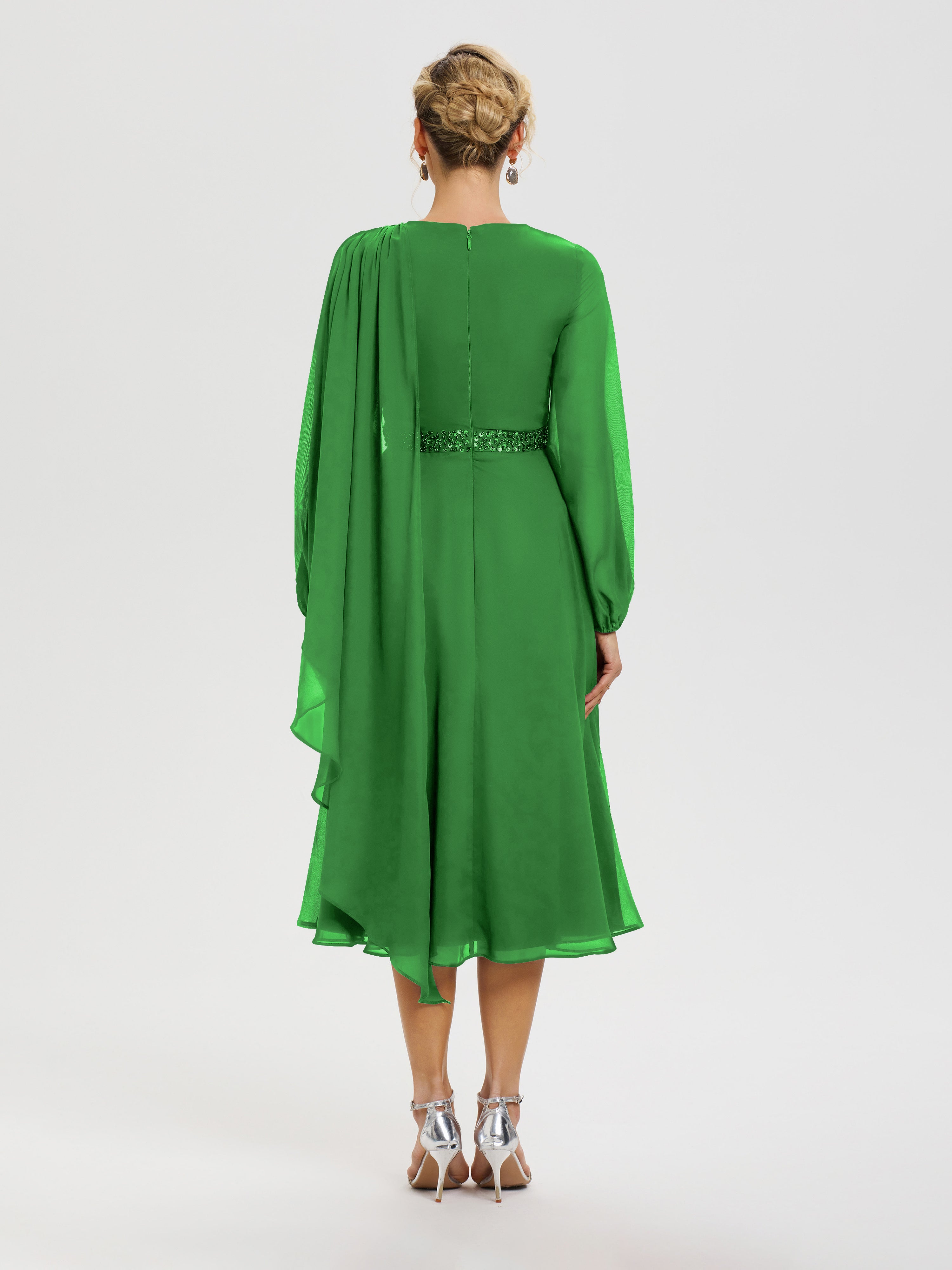 Robe Verte Mere De La Mariee Col Rond Manches Longues Mousseline Robe De Mère Du Marié