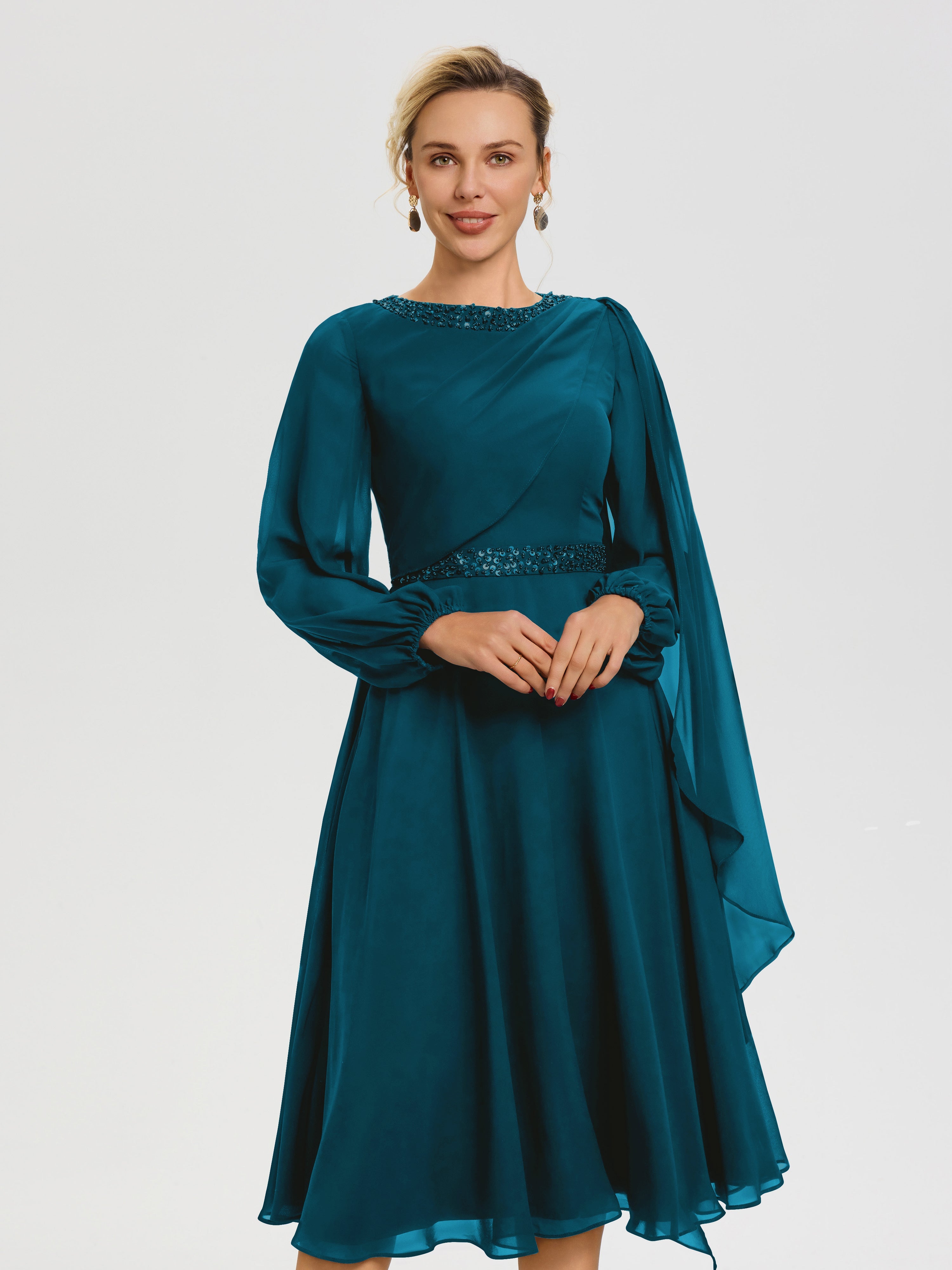 Cicinia Robe Mère De La Mariée Bleu Encre Col Rond Manches Longues Mousseline Robe De Mère Du Marié