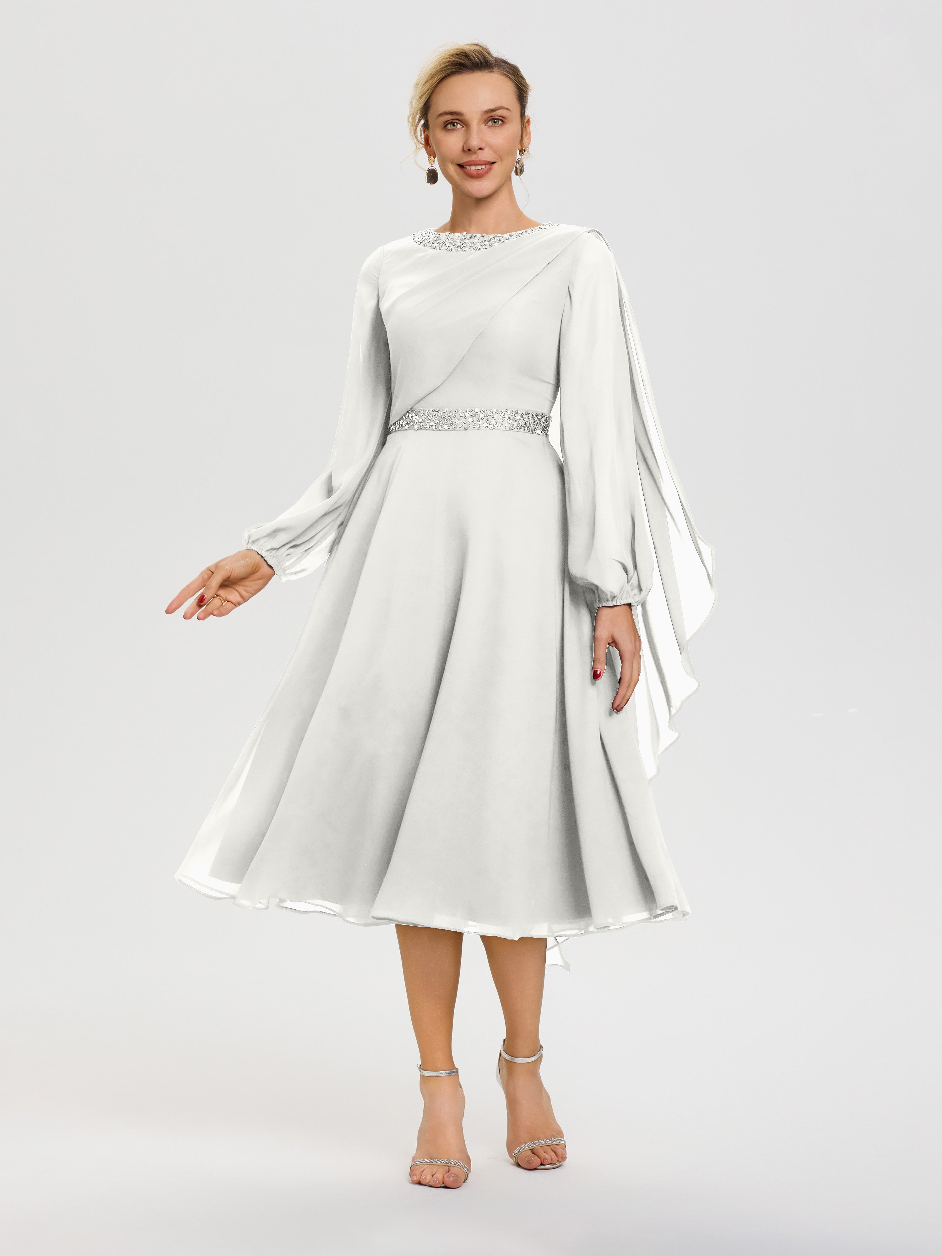 Robe Pour Mère De La Mariée Ivoire Col Rond Manches Longues Mousseline Robe De Mère Du Marié