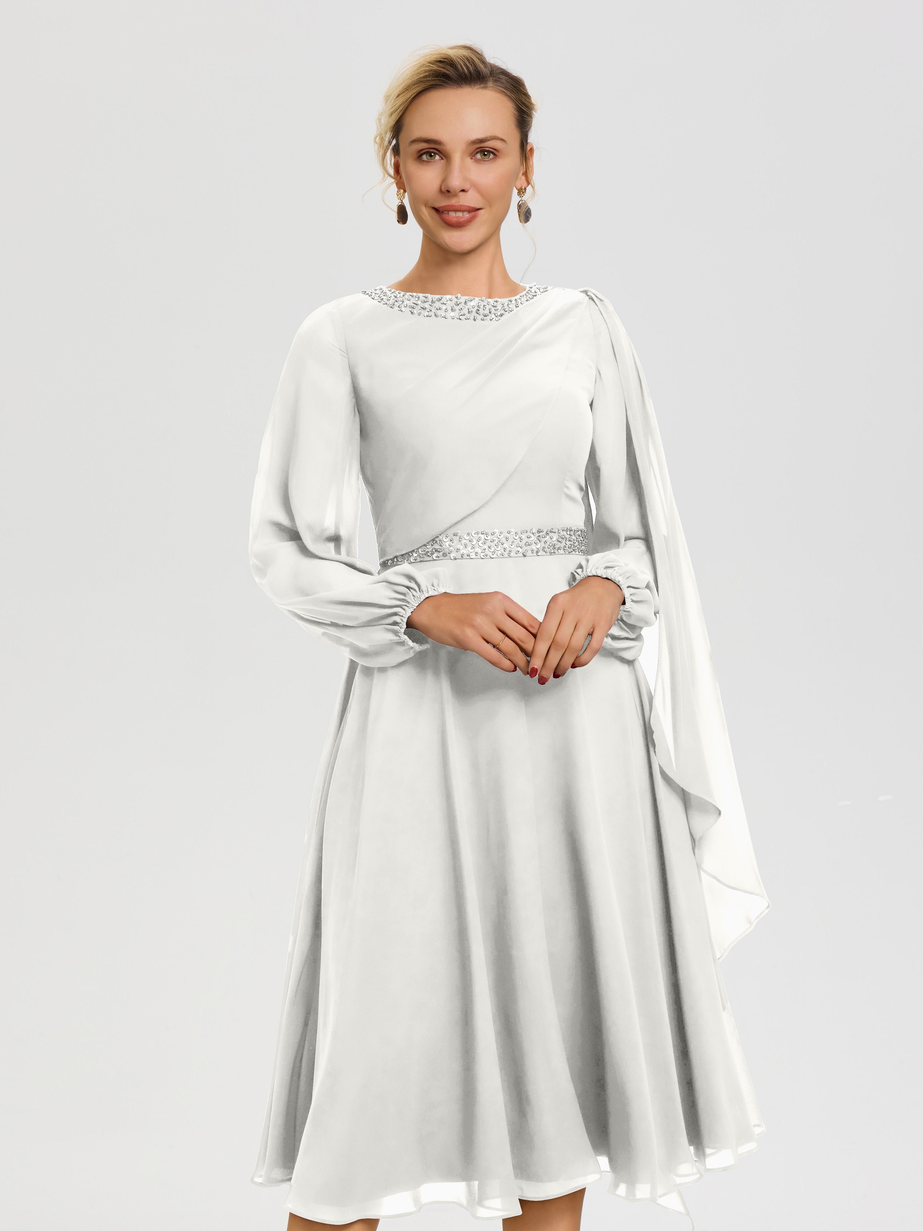 Robe Pour Mère De La Mariée Ivoire Col Rond Manches Longues Mousseline Robe De Mère Du Marié