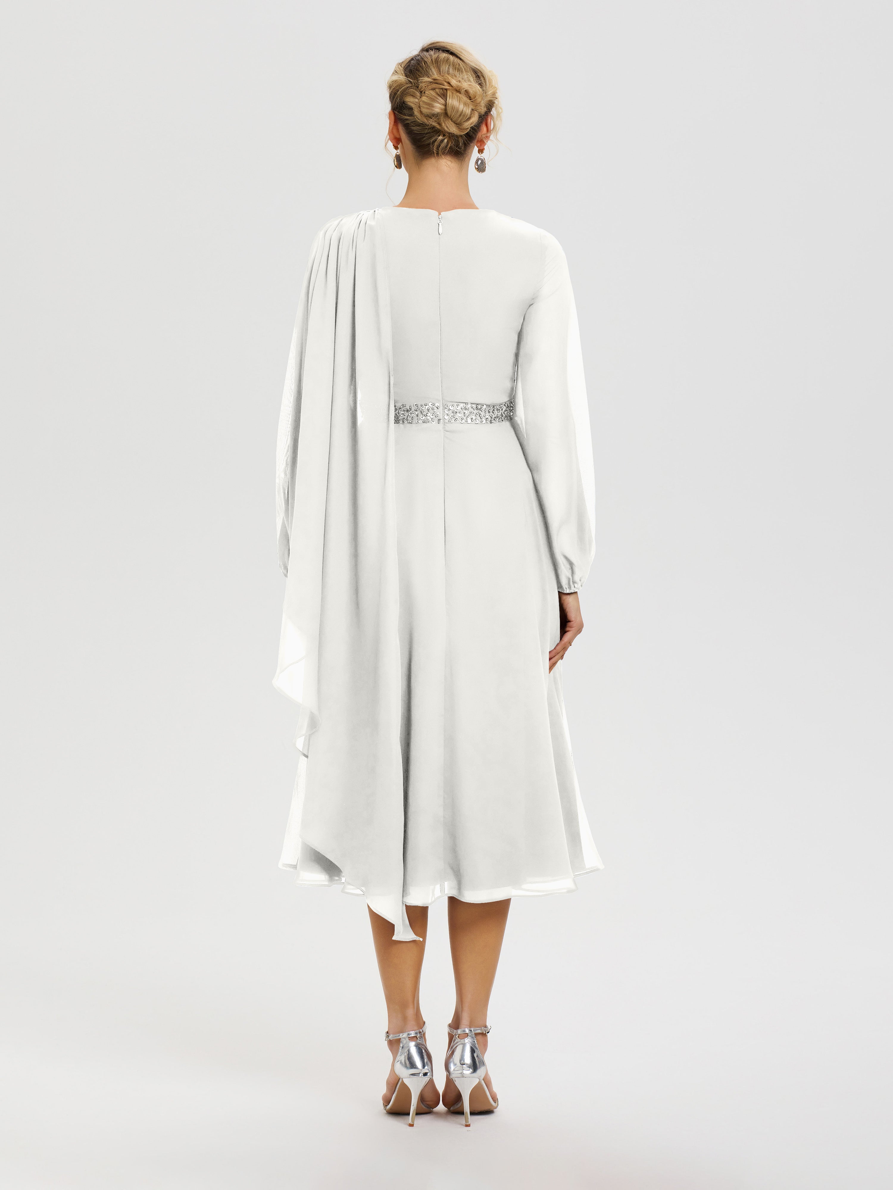 Robe Pour Mère De La Mariée Ivoire Col Rond Manches Longues Mousseline Robe De Mère Du Marié
