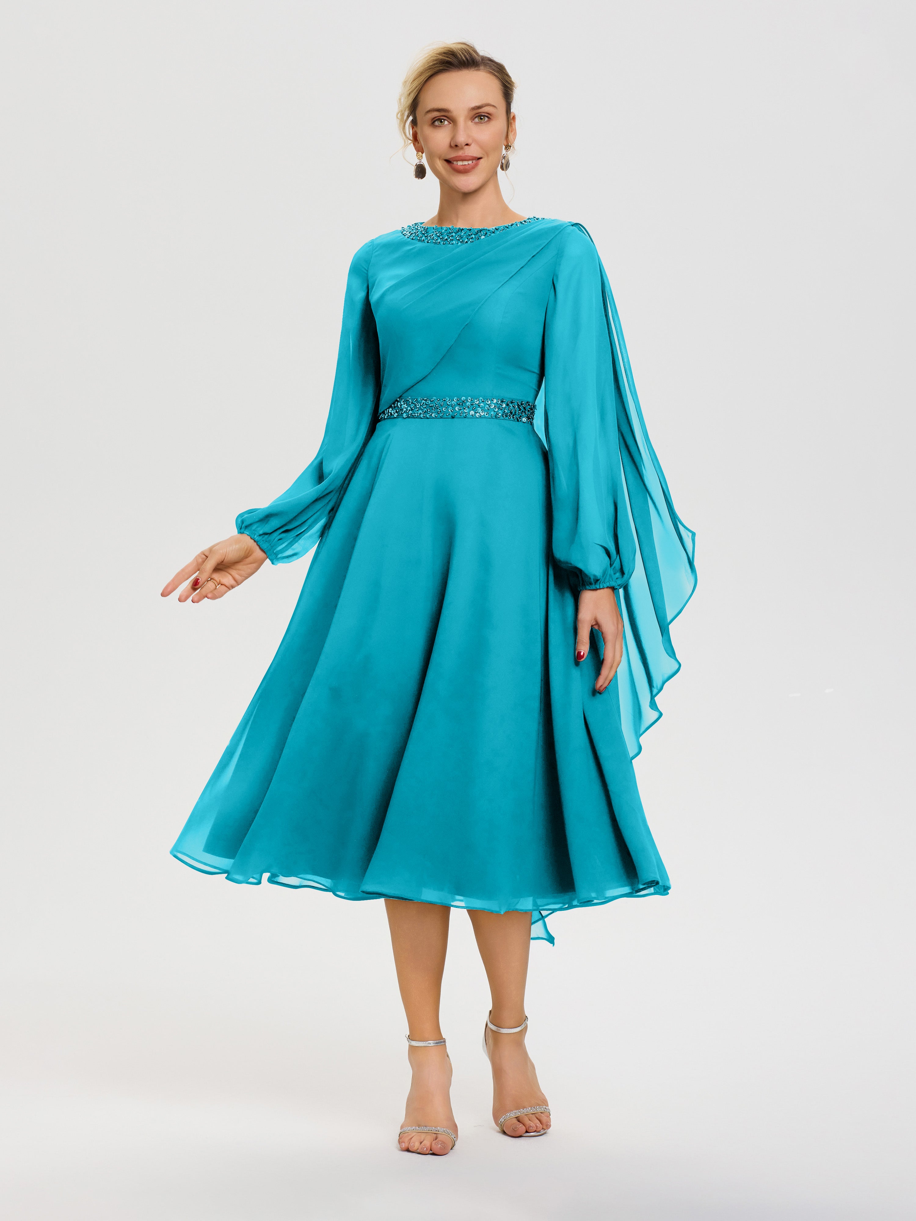 Robe Pour Mère De La Mariée Jade Col Rond Manches Longues Mousseline Robe De Mère Du Marié