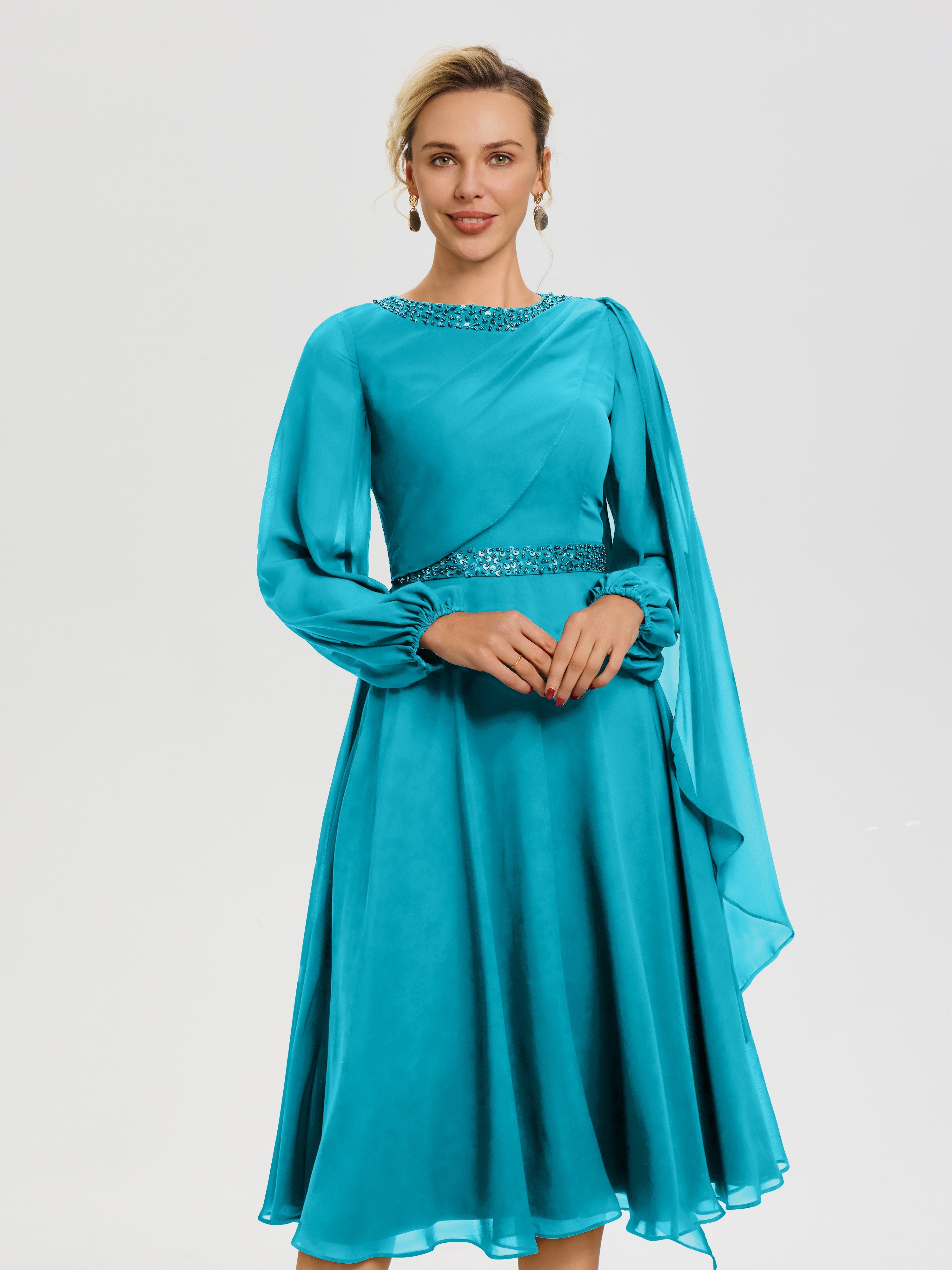 Robe Pour Mère De La Mariée Jade Col Rond Manches Longues Mousseline Robe De Mère Du Marié