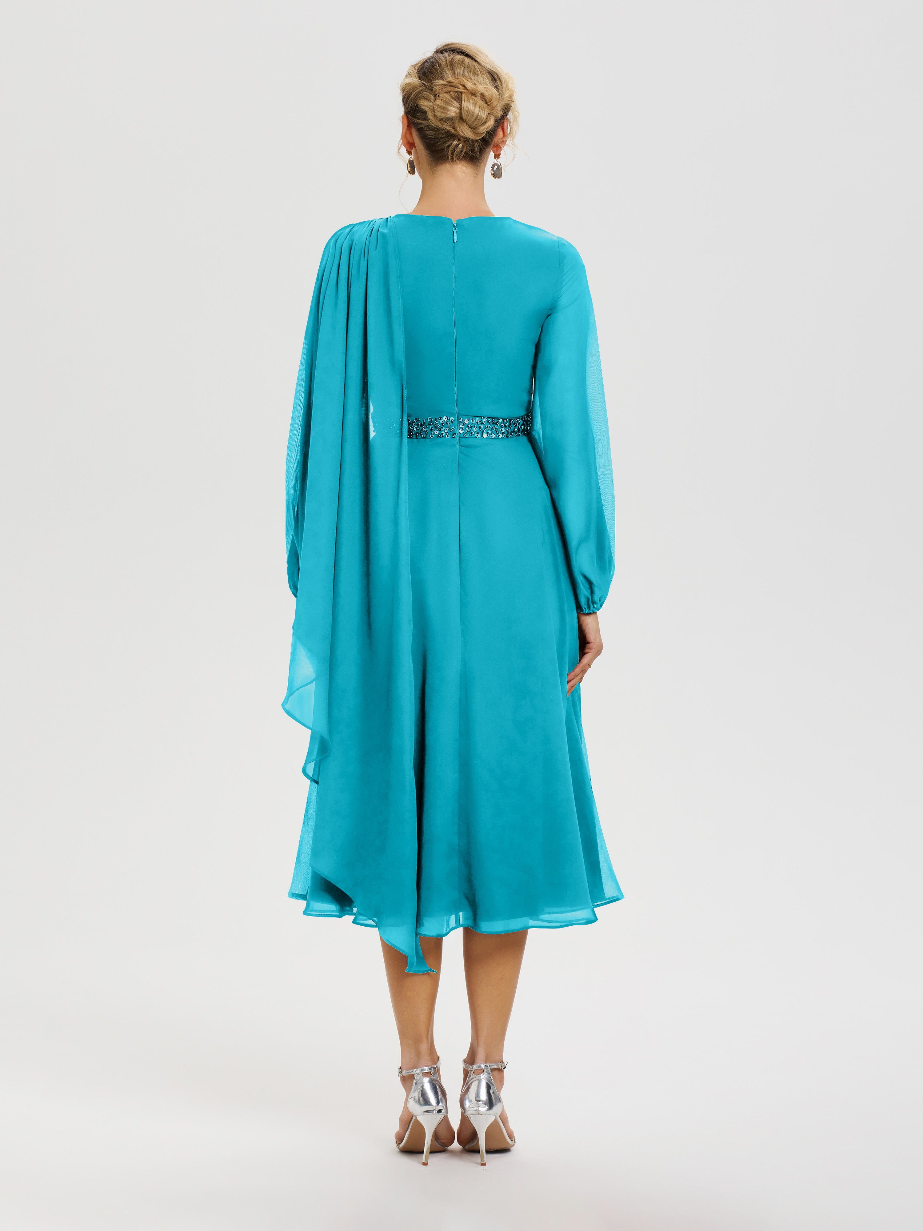 Robe Pour Mère De La Mariée Jade Col Rond Manches Longues Mousseline Robe De Mère Du Marié