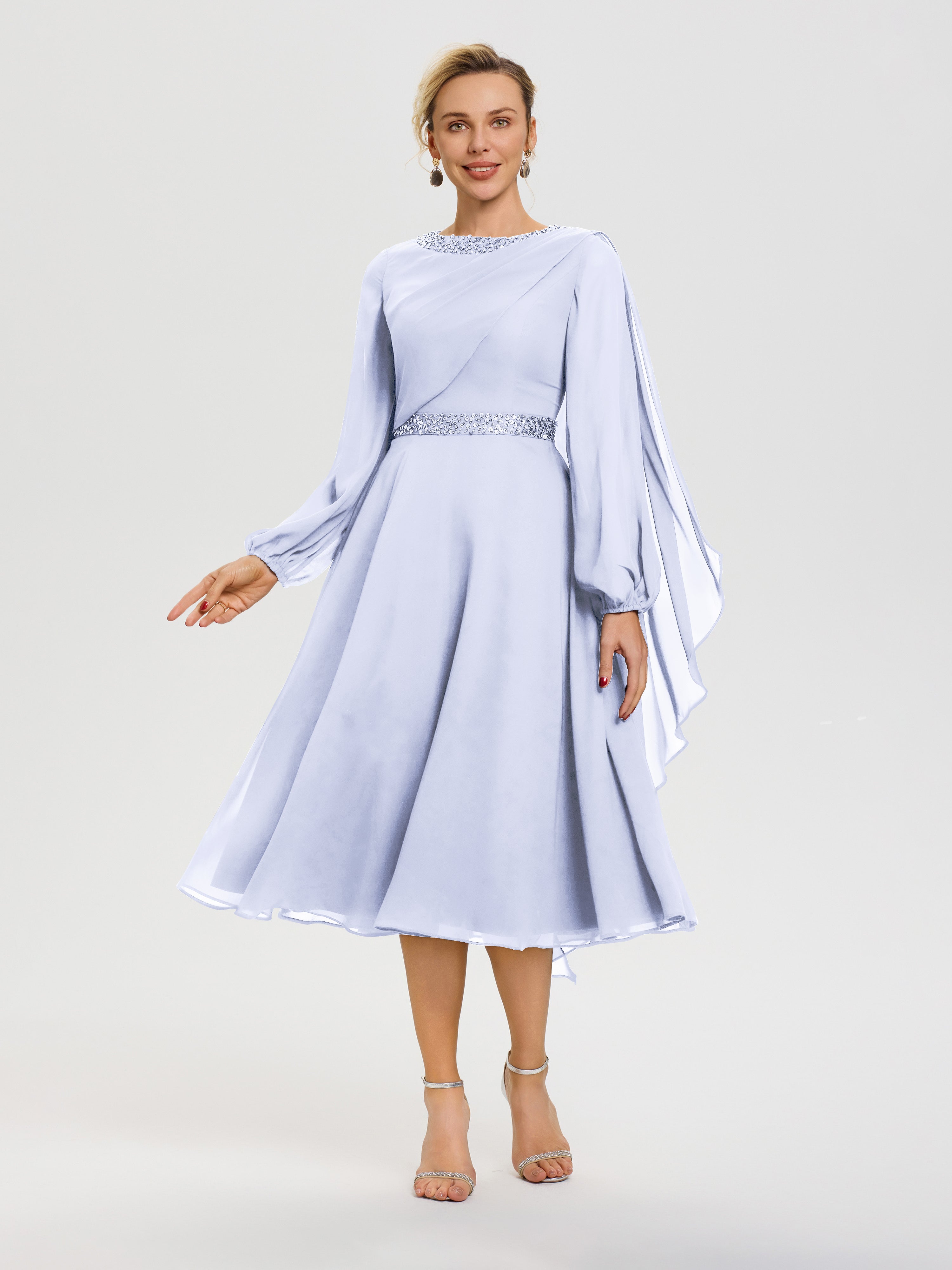 Robe Pour Mère De La Mariée Lavande Col Rond Manches Longues Mousseline Robe De Mère Du Marié