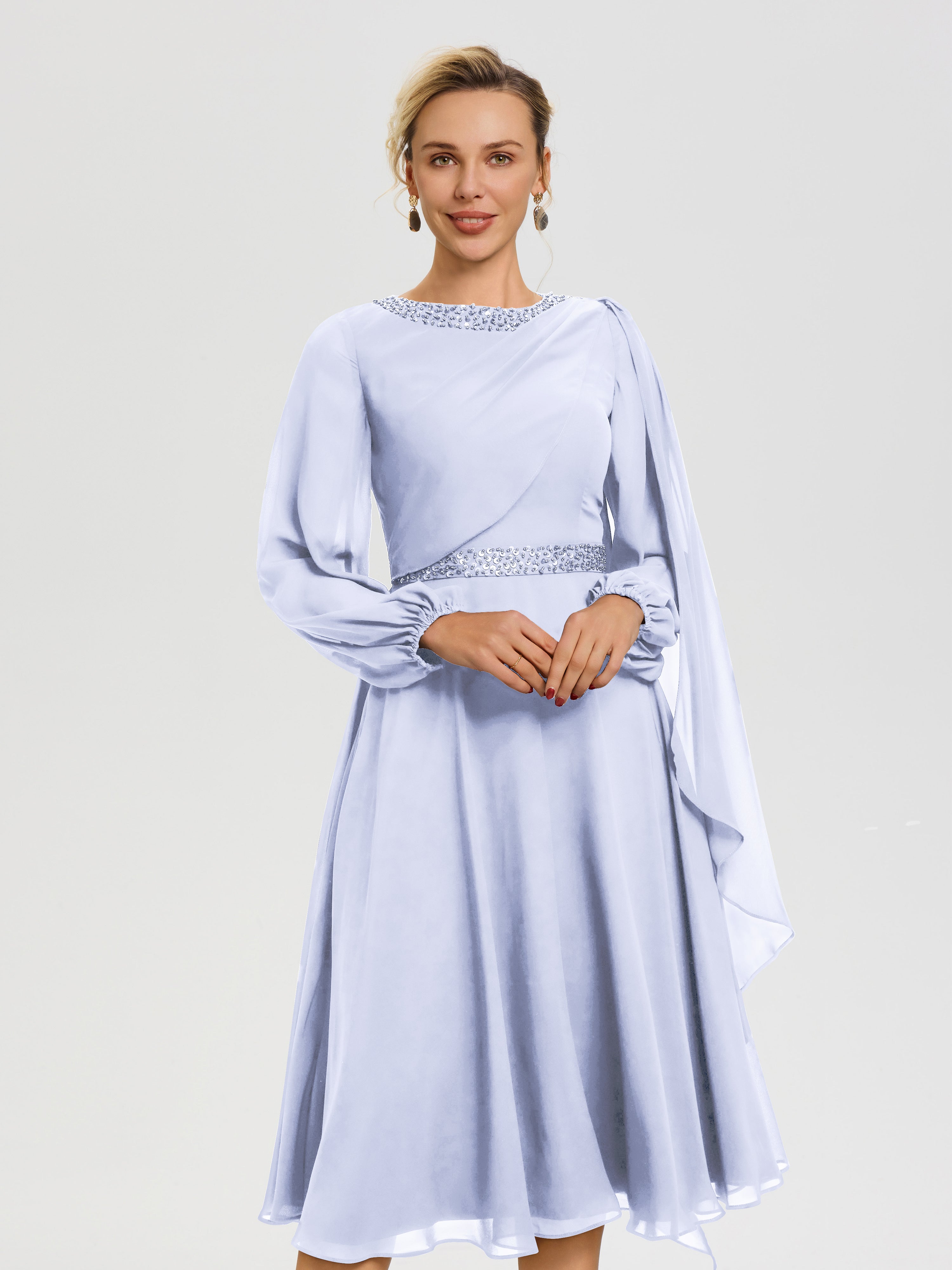 Robe Pour Mère De La Mariée Lavande Col Rond Manches Longues Mousseline Robe De Mère Du Marié
