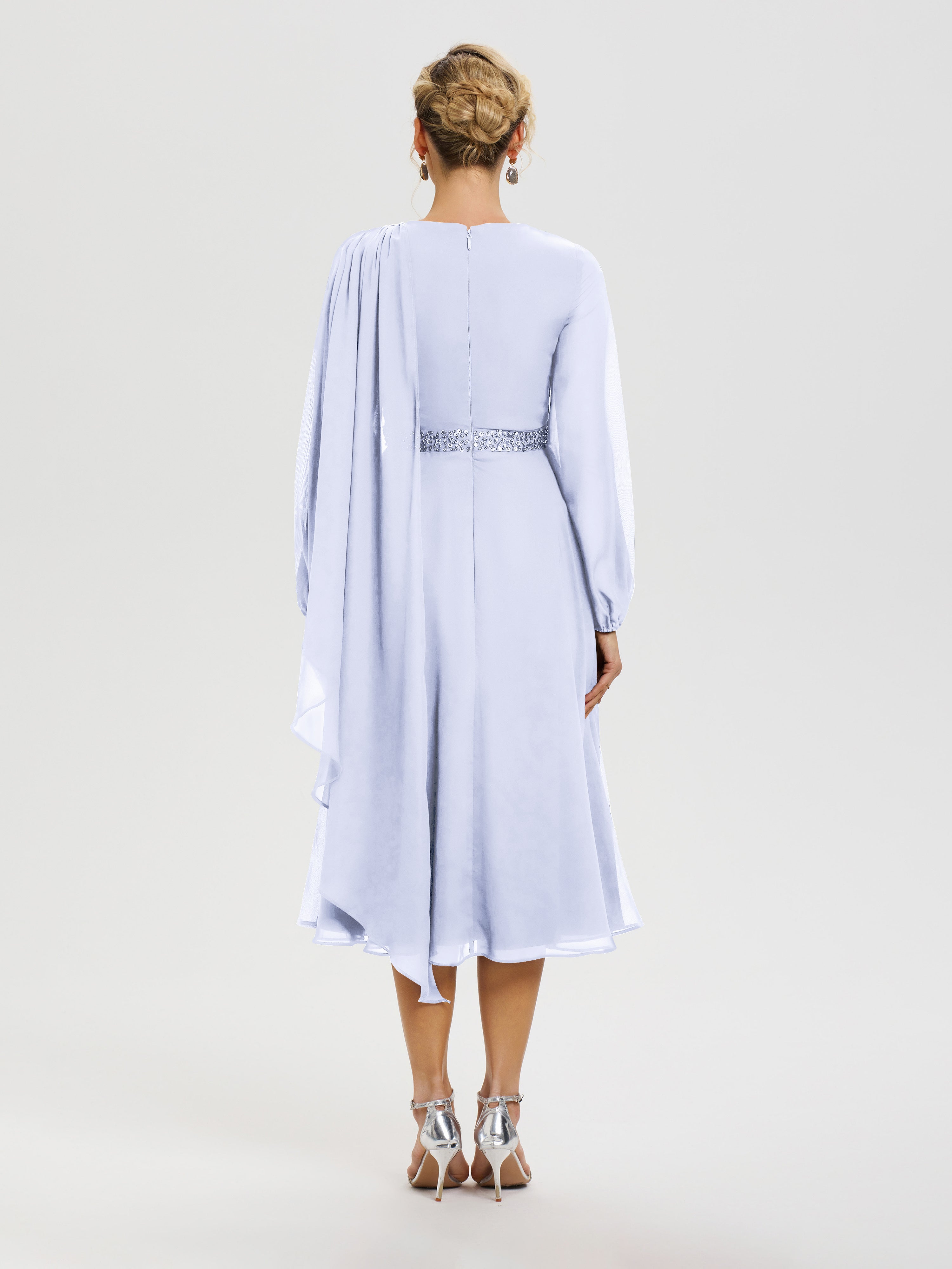 Robe Pour Mère De La Mariée Lavande Col Rond Manches Longues Mousseline Robe De Mère Du Marié