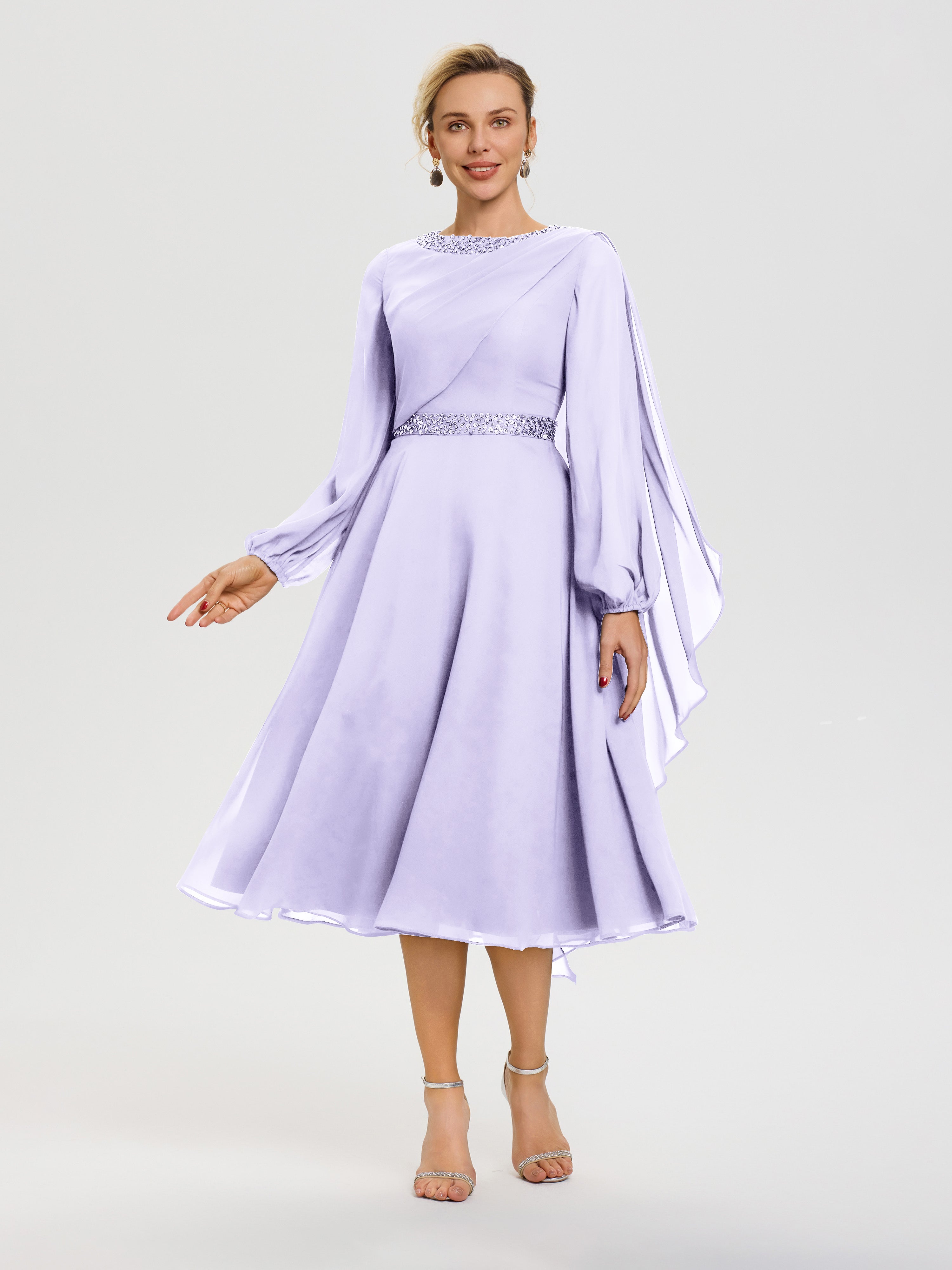 Robe Pour Mère De La Mariée Lilas Col Rond Manches Longues Mousseline Robe De Mère Du Marié