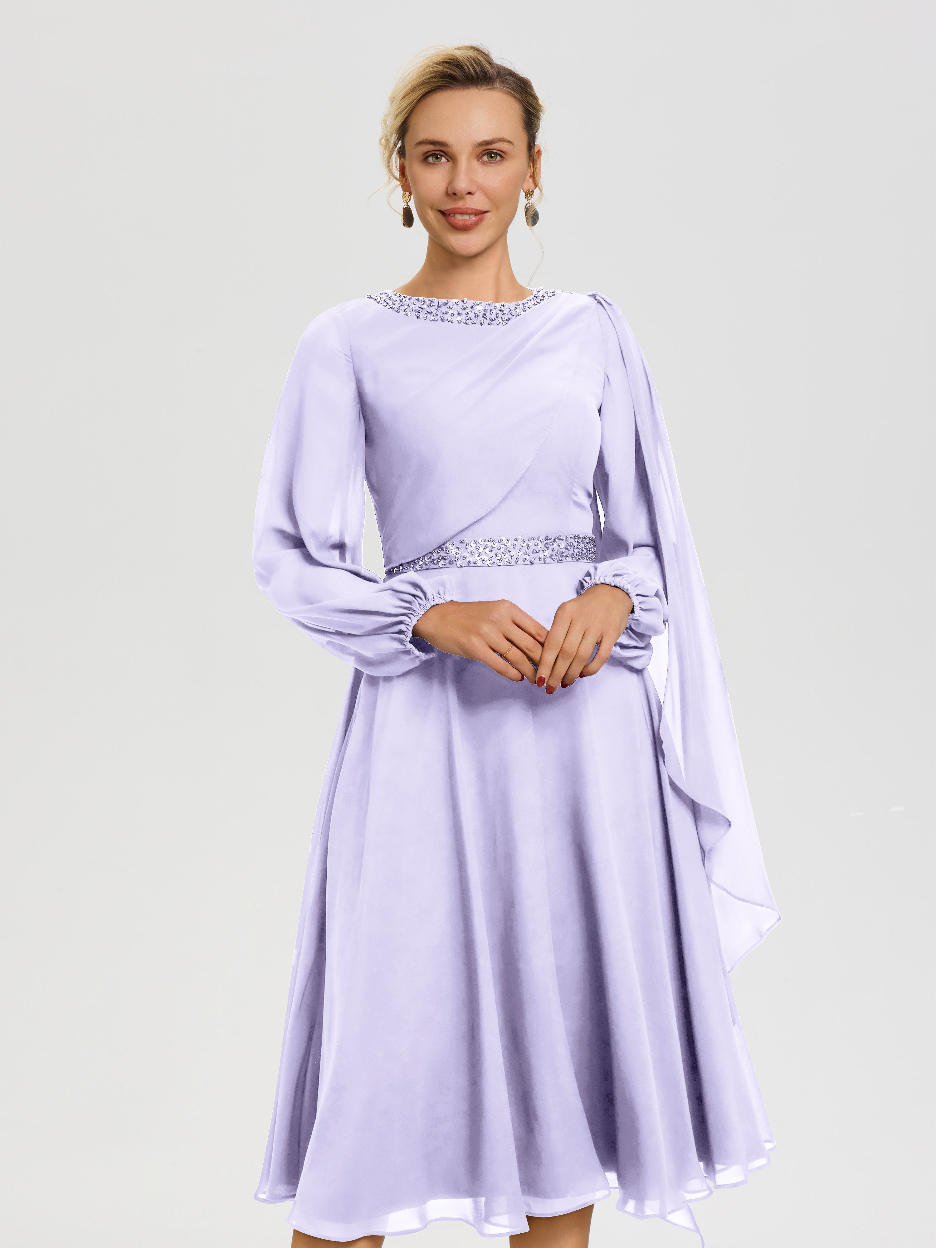 Robe Pour Mère De La Mariée Lilas Col Rond Manches Longues Mousseline Robe De Mère Du Marié