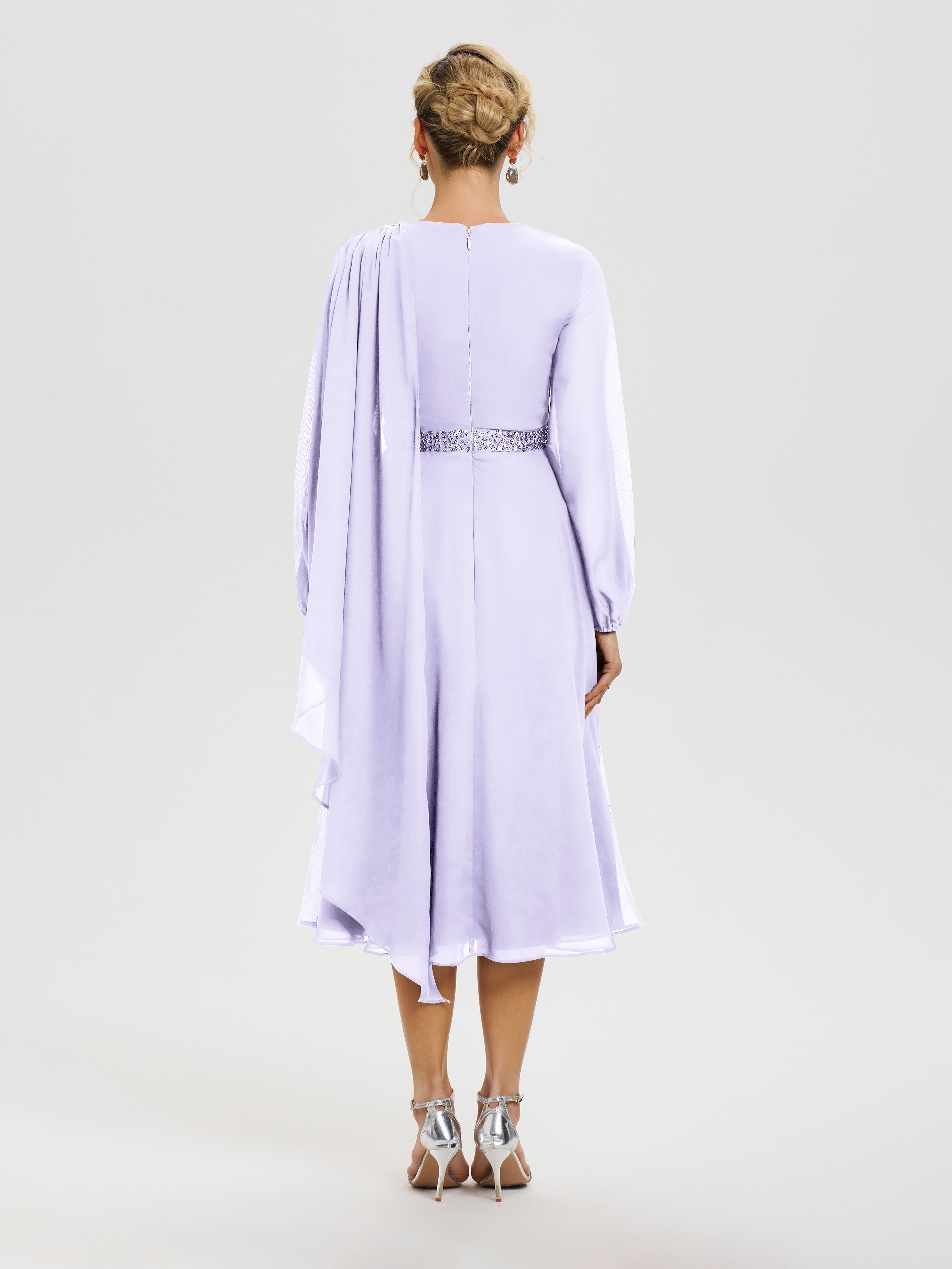 Robe Pour Mère De La Mariée Lilas Col Rond Manches Longues Mousseline Robe De Mère Du Marié