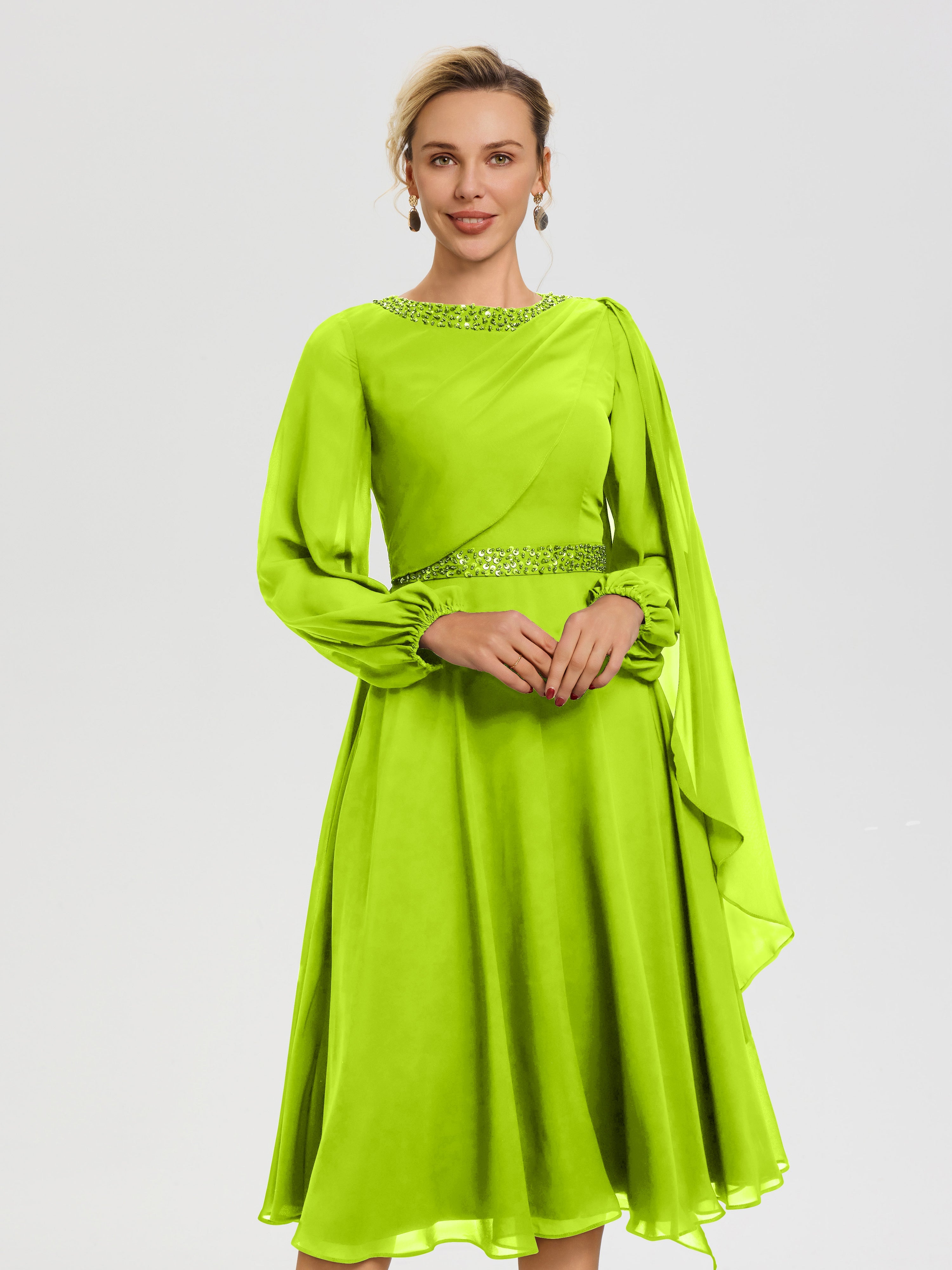 Robe Mère De La Mariée Chic Vert Citron Col Rond Manches Longues Mousseline Robe De Mère Du Marié