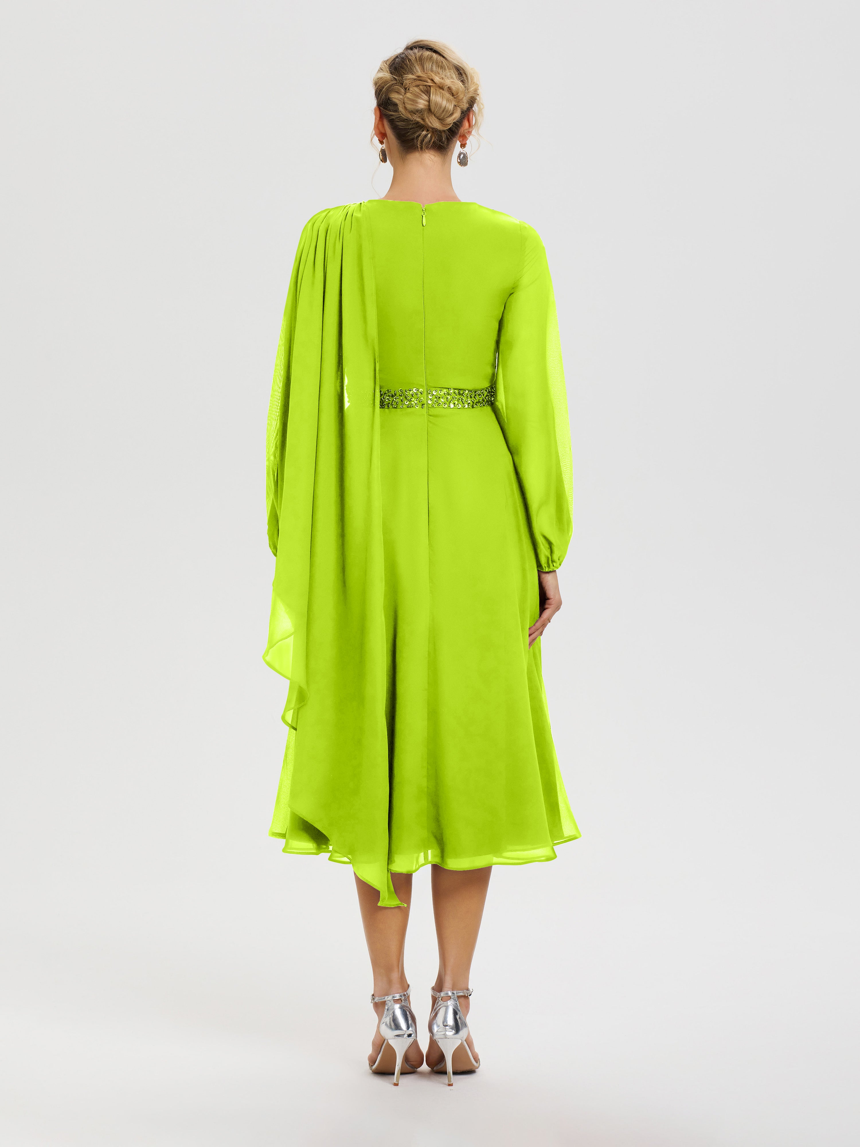 Robe Mère De La Mariée Chic Vert Citron Col Rond Manches Longues Mousseline Robe De Mère Du Marié