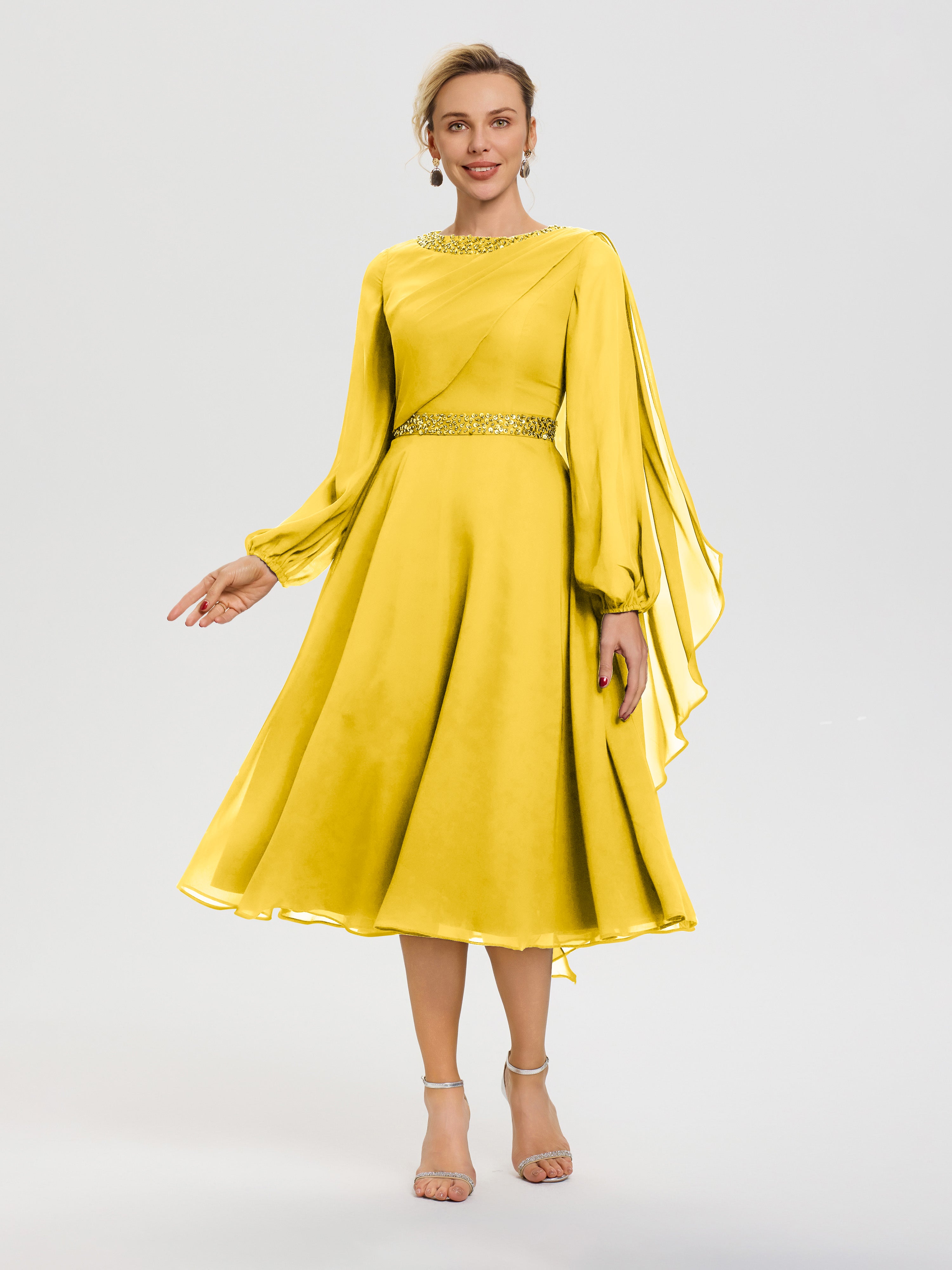 Robe Mère De La Mariée Chic Souci Col Rond Manches Longues Mousseline Robe De Mère Du Marié
