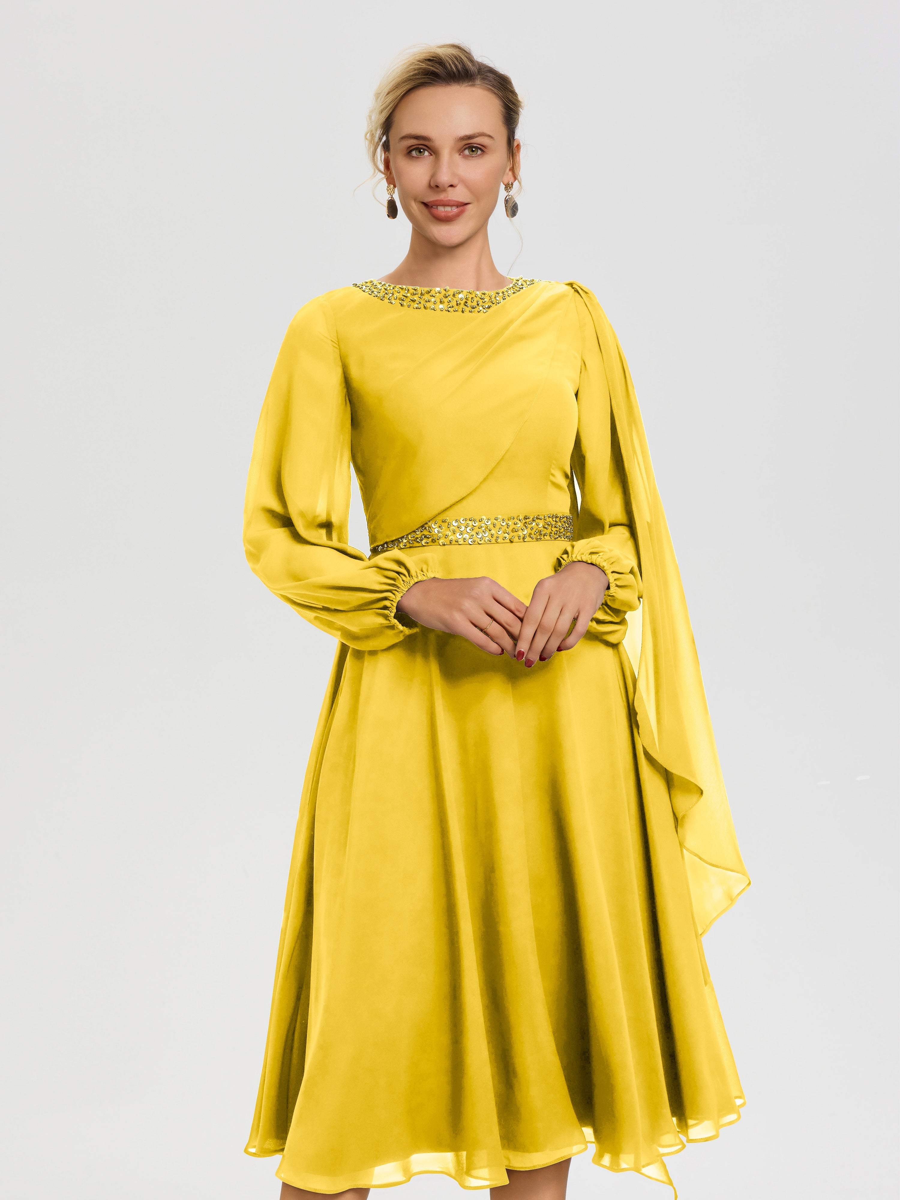 Robe Mère De La Mariée Chic Souci Col Rond Manches Longues Mousseline Robe De Mère Du Marié