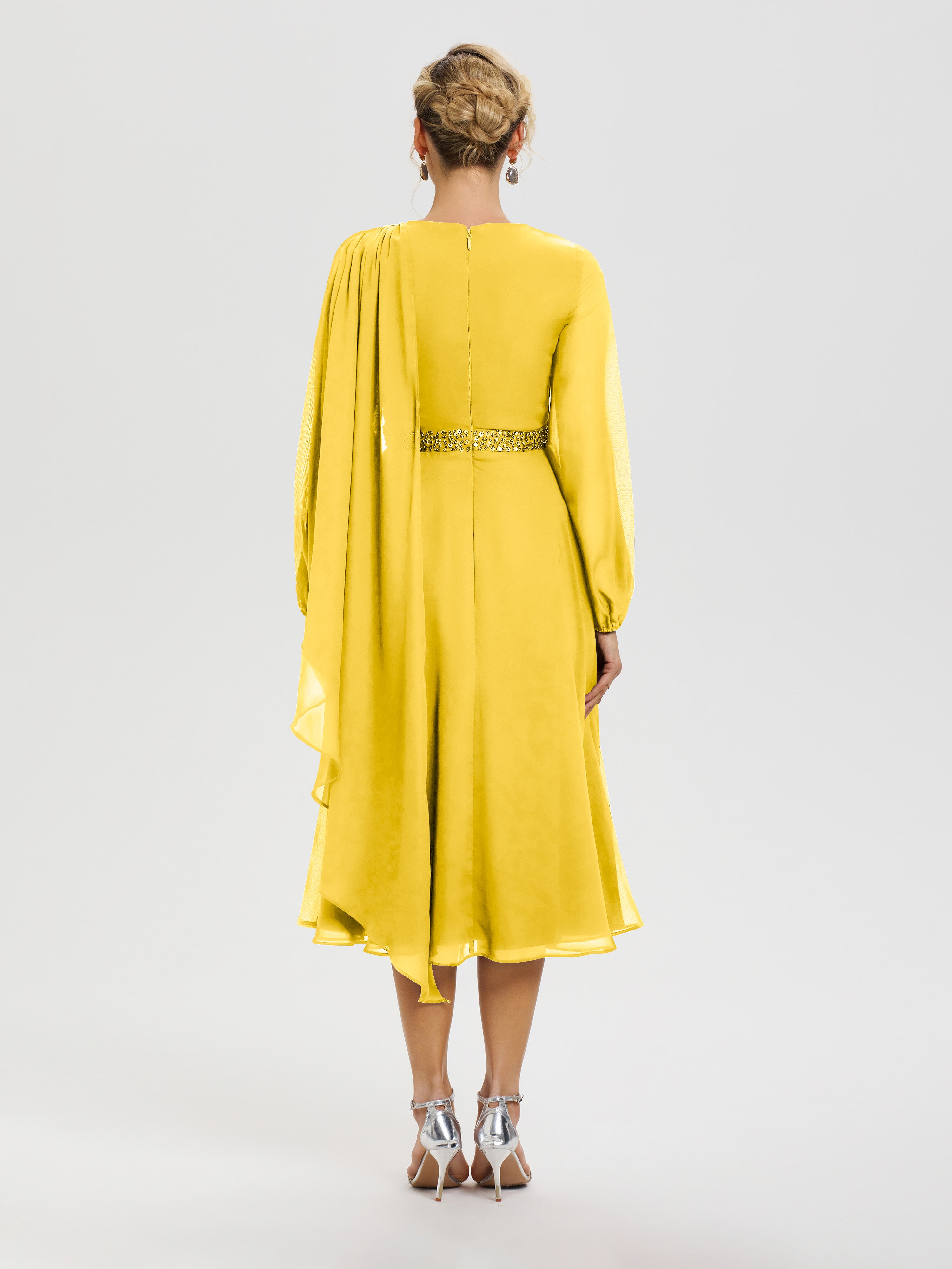 Robe Mère De La Mariée Chic Souci Col Rond Manches Longues Mousseline Robe De Mère Du Marié