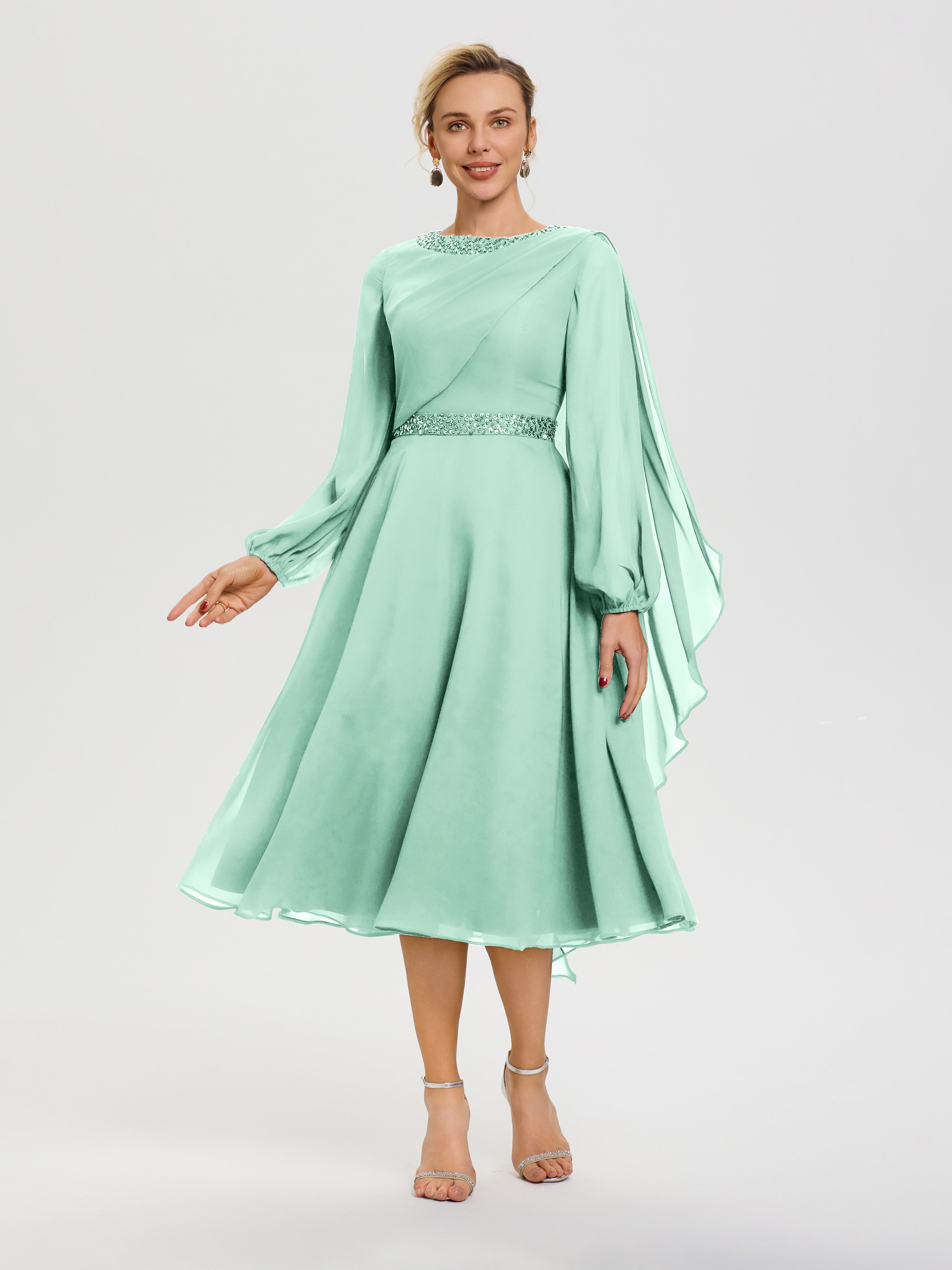 Robe Mère De La Mariée Chic Vert Menthe Col Rond Manches Longues Mousseline Robe De Mère Du Marié