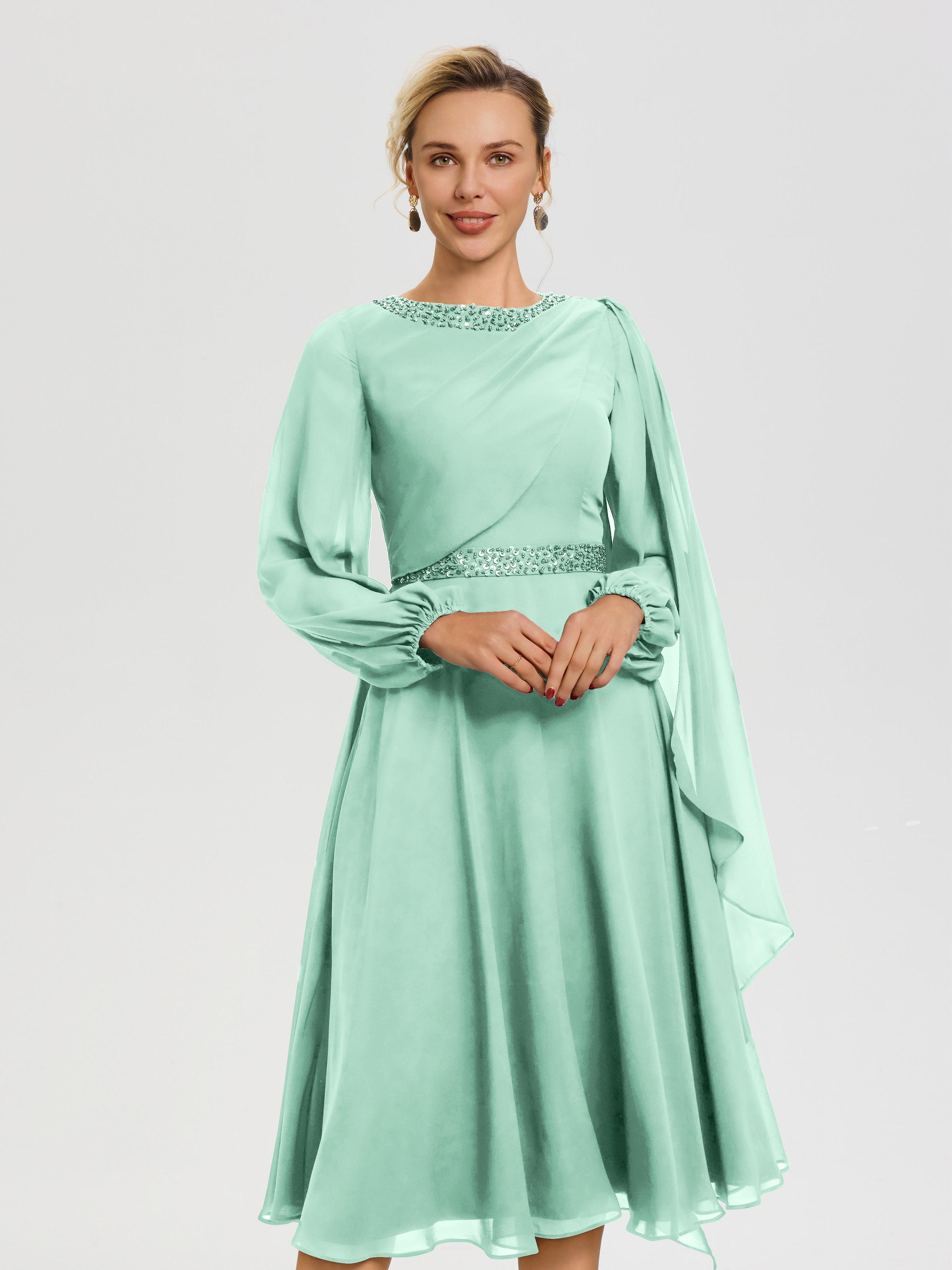 Robe Mère De La Mariée Chic Vert Menthe Col Rond Manches Longues Mousseline Robe De Mère Du Marié