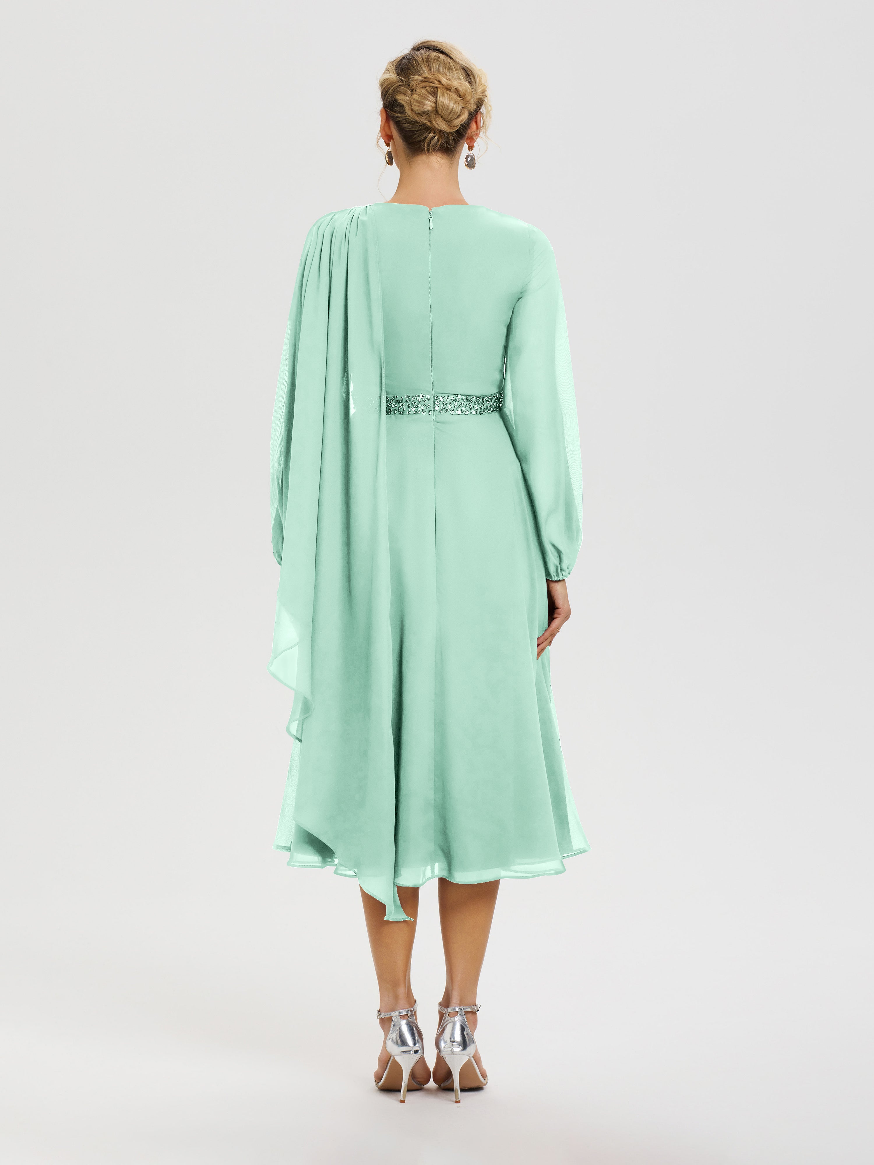 Robe Mère De La Mariée Chic Vert Menthe Col Rond Manches Longues Mousseline Robe De Mère Du Marié