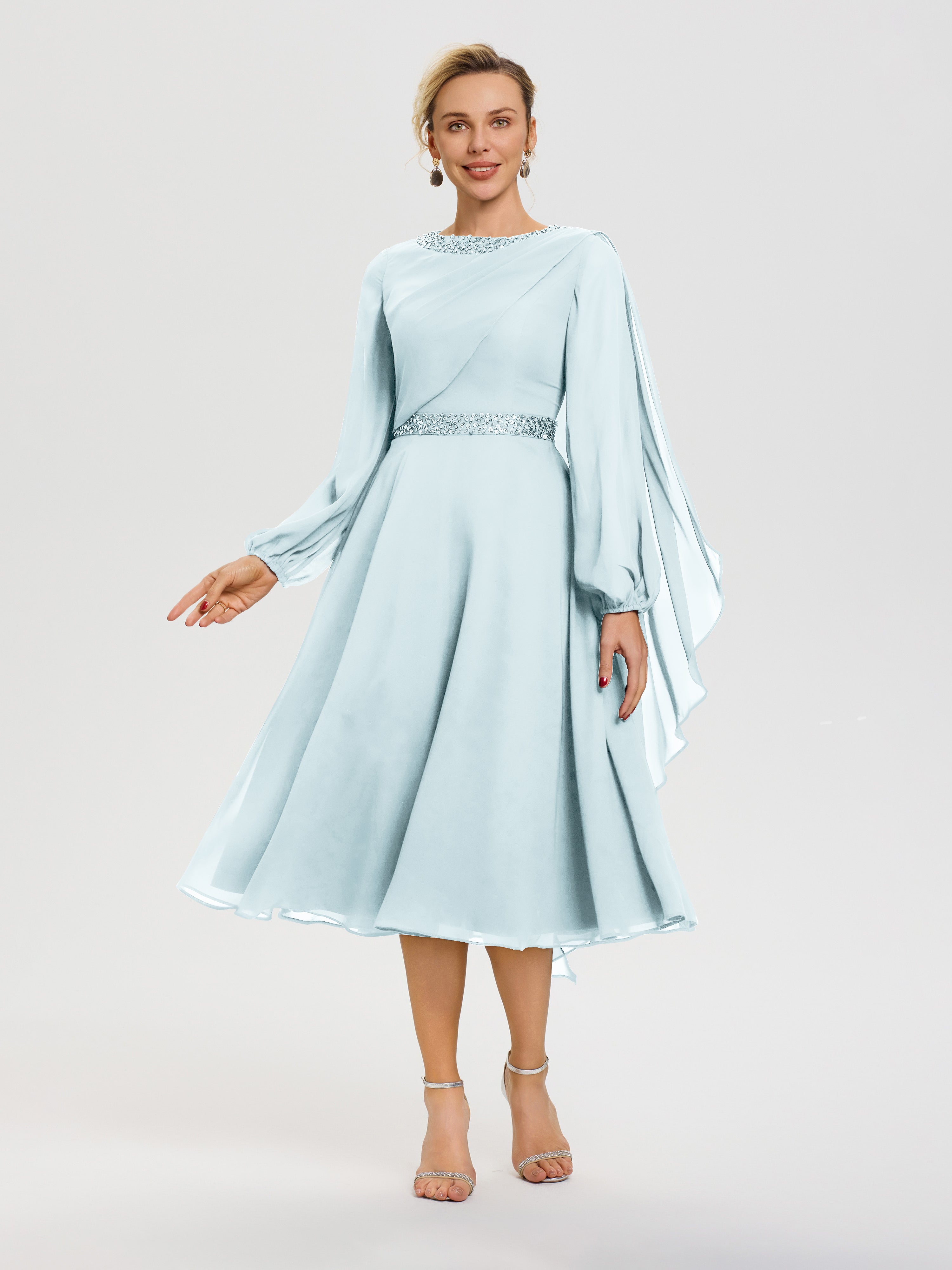 Tenue Mere Dela Mariee Brume Col Rond Manches Longues Mousseline Robe De Mère Du Marié