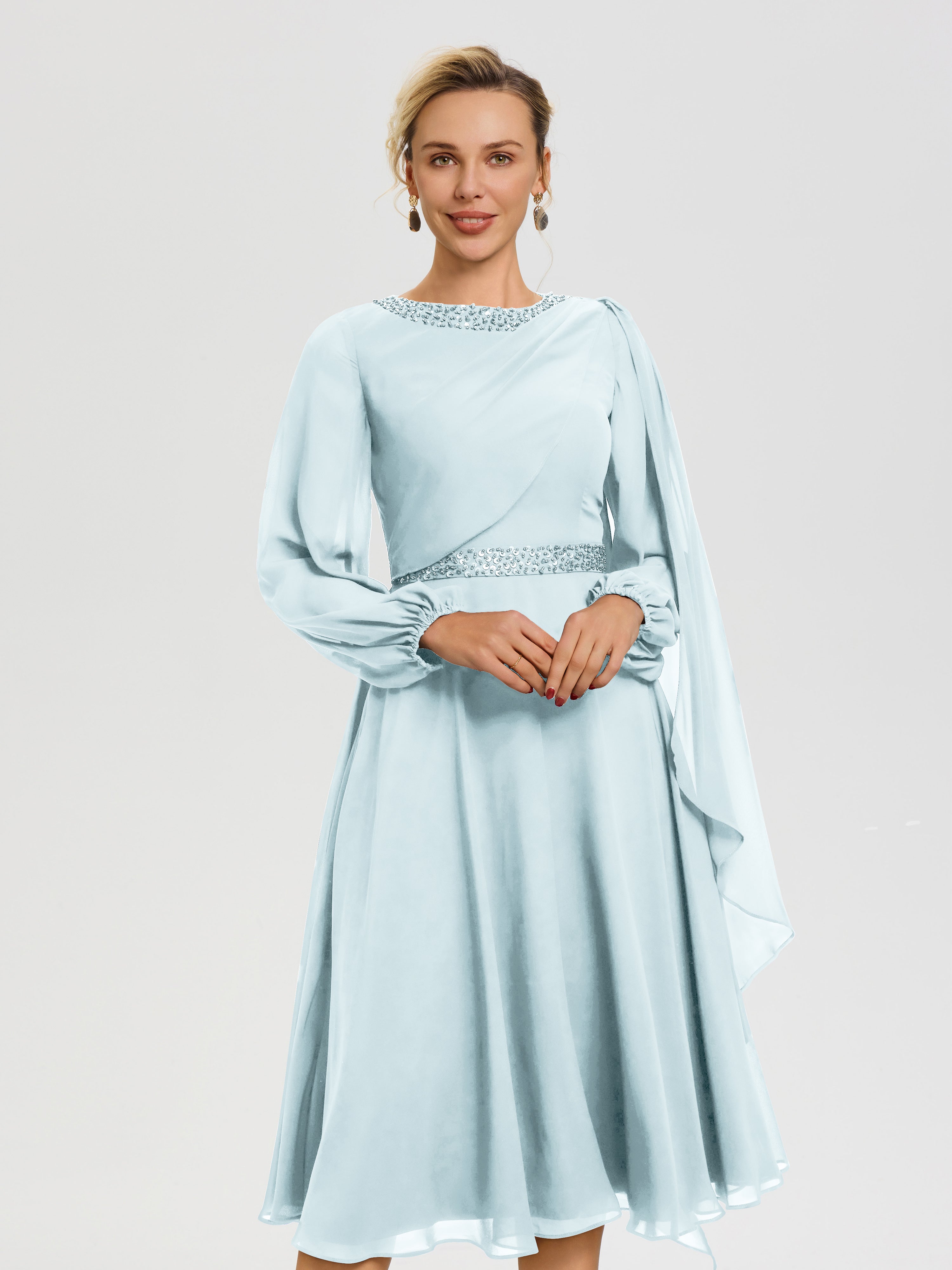 Tenue Mere Dela Mariee Brume Col Rond Manches Longues Mousseline Robe De Mère Du Marié