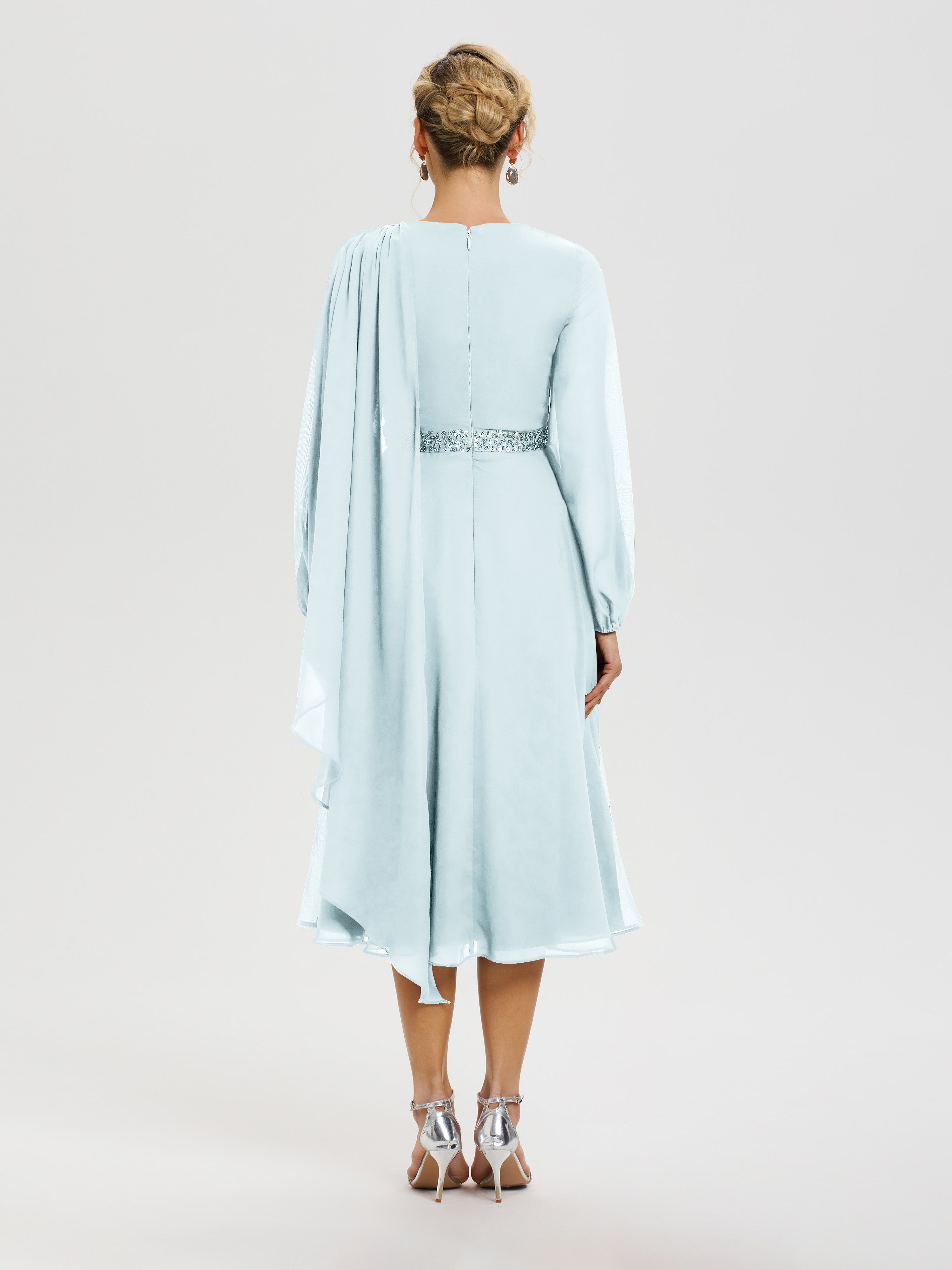 Tenue Mere Dela Mariee Brume Col Rond Manches Longues Mousseline Robe De Mère Du Marié