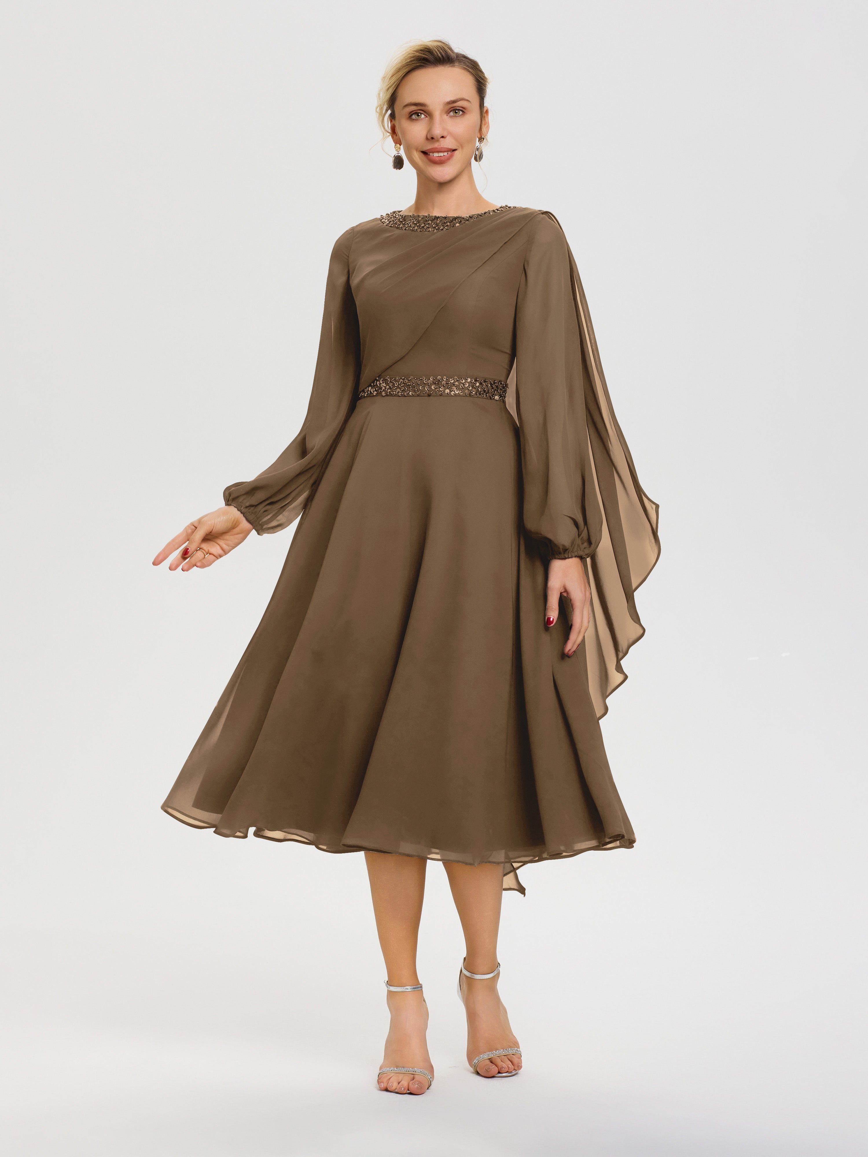 Robe De Mère Du Marié Moka Col Rond Manches Longues Mousseline Robe De Mère Du Marié