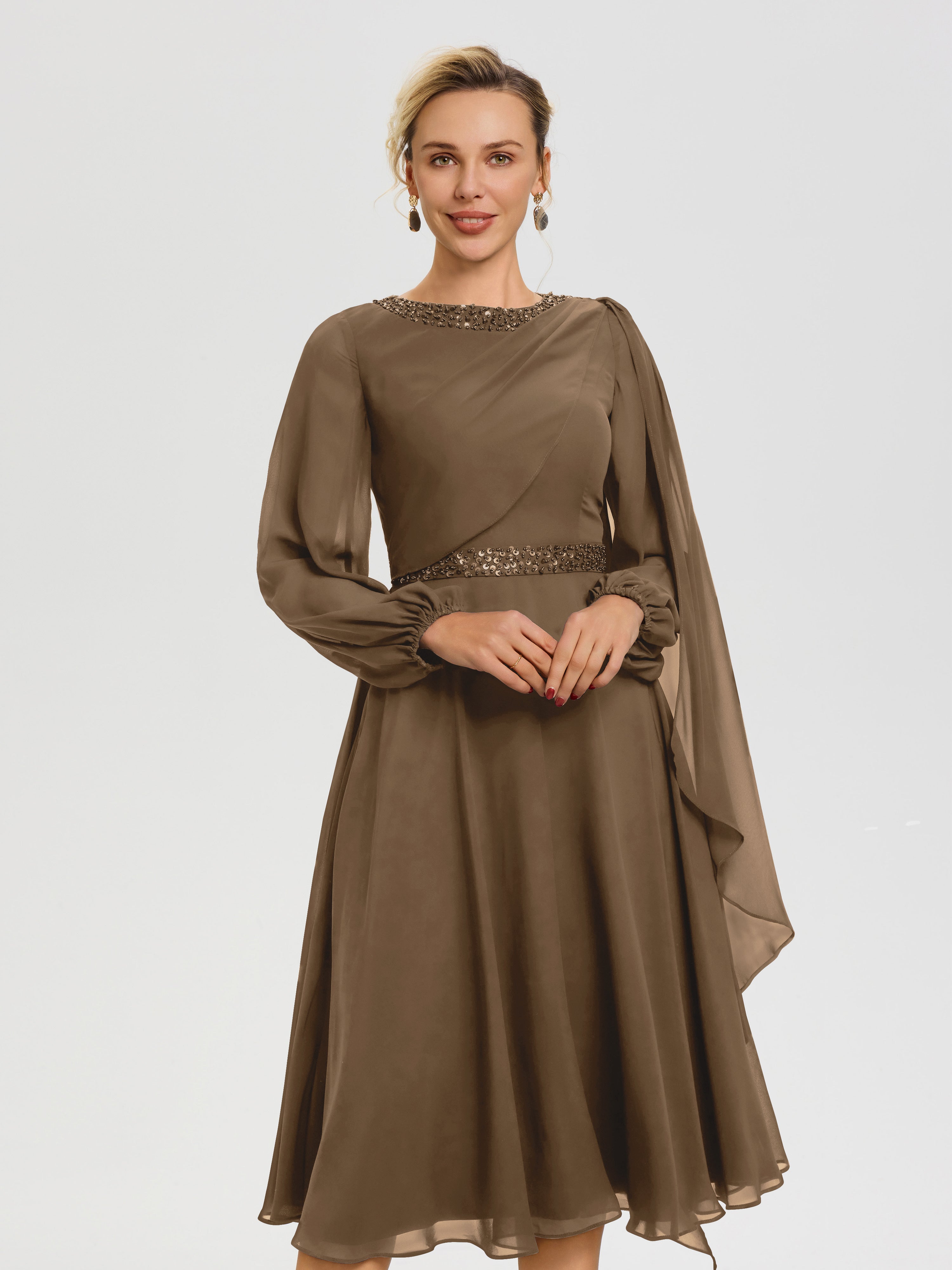 Robe De Mère Du Marié Moka Col Rond Manches Longues Mousseline Robe De Mère Du Marié