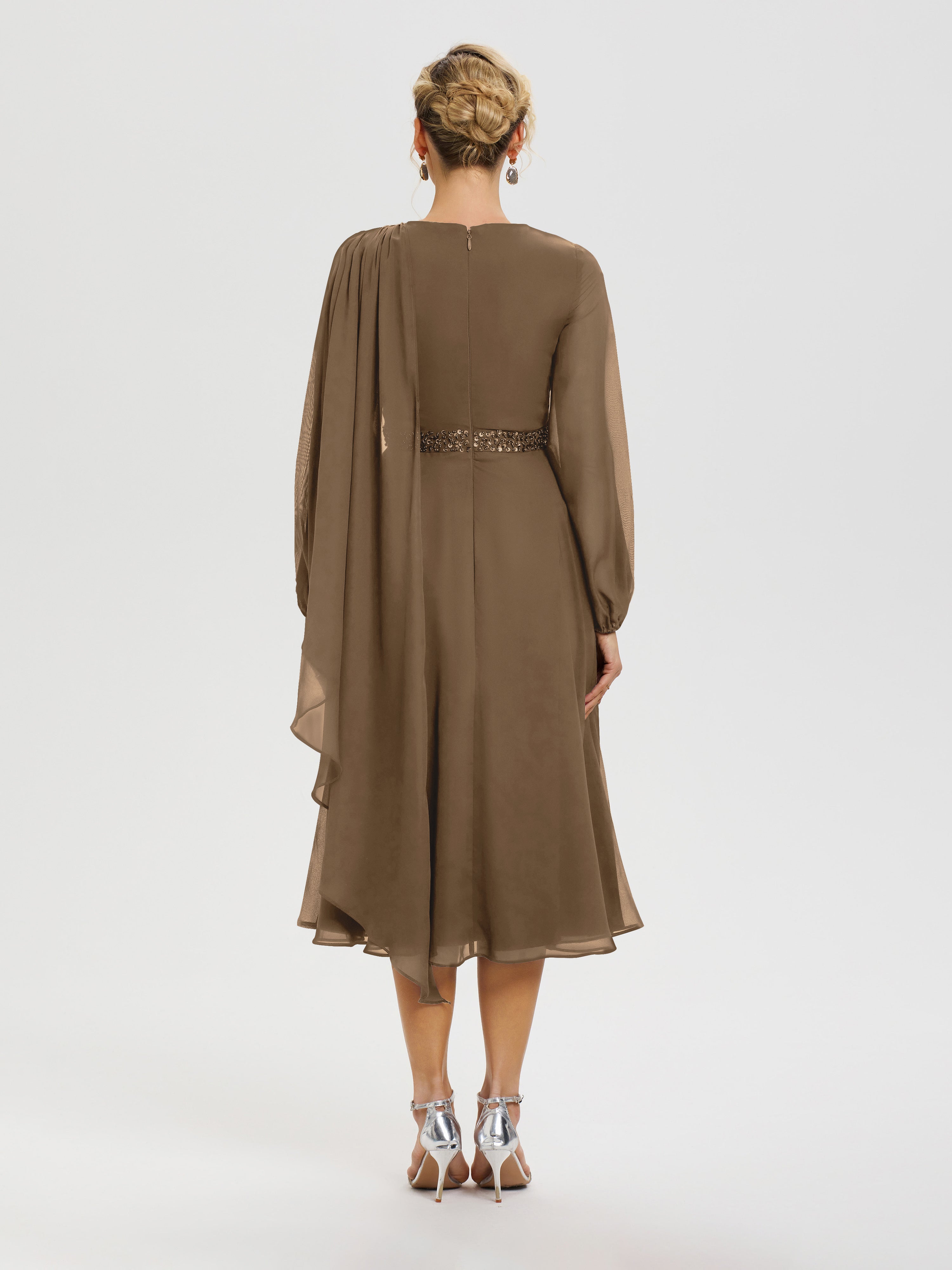 Robe De Mère Du Marié Moka Col Rond Manches Longues Mousseline Robe De Mère Du Marié
