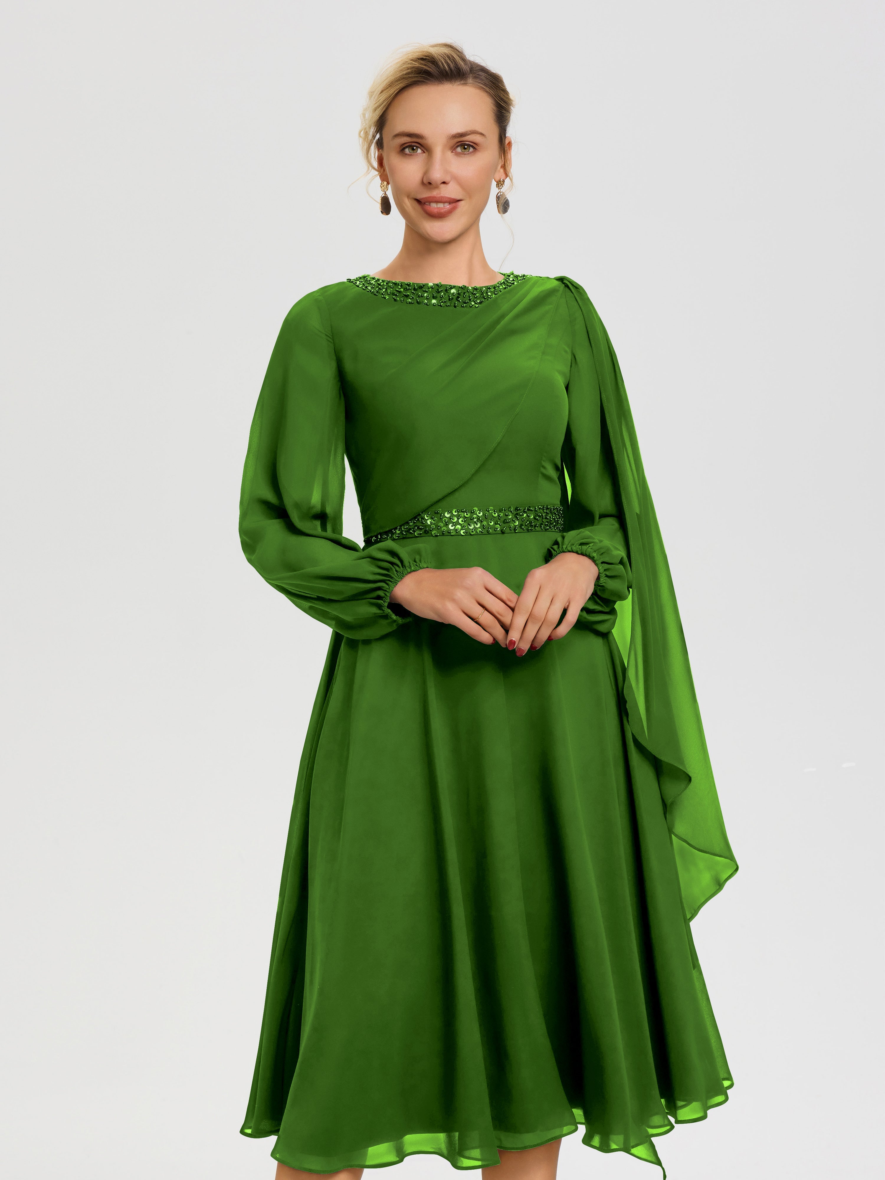 Robe De Mère Du Marié Mousse Col Rond Manches Longues Mousseline Robe De Mère Du Marié