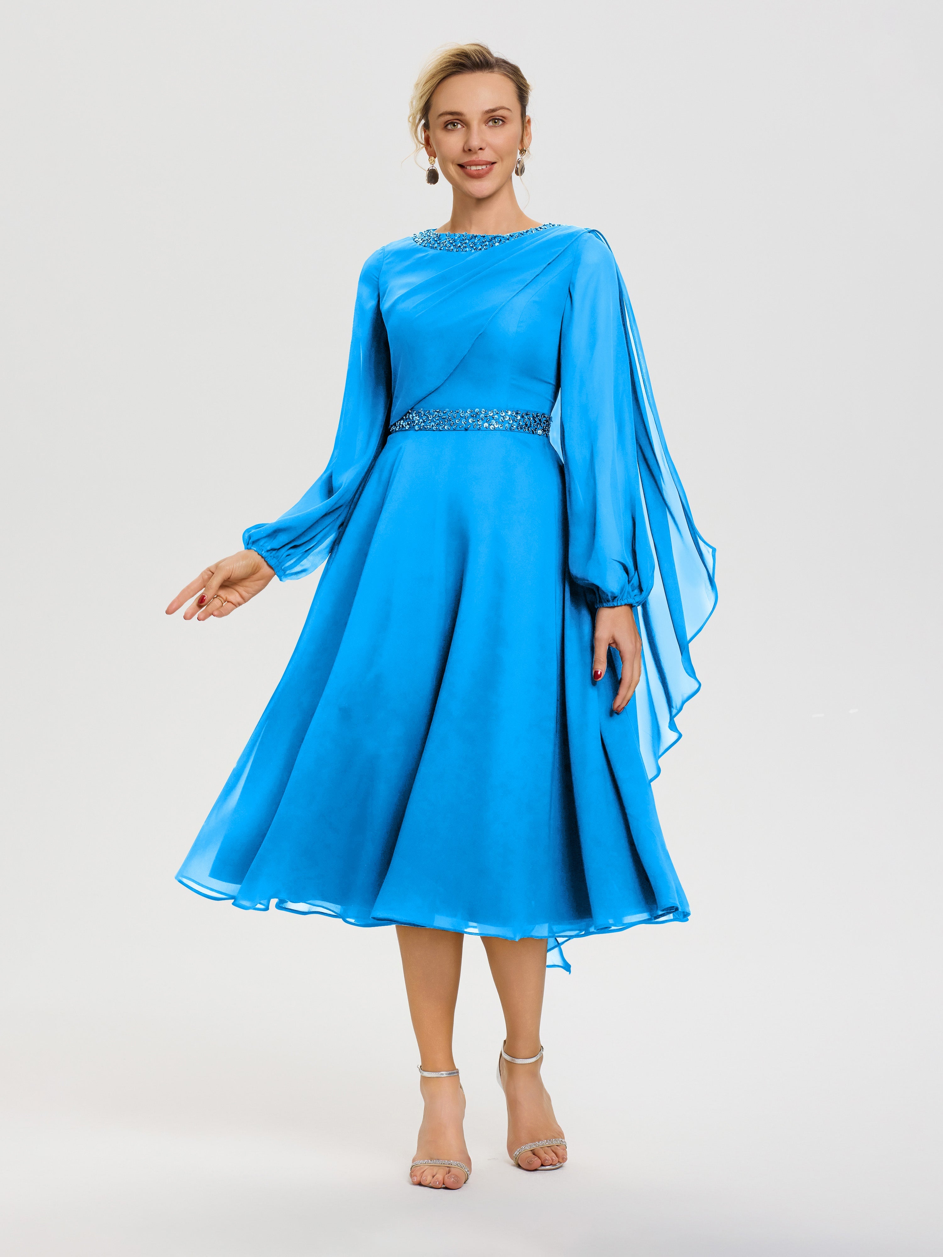 Cicinia Robe Mère De La Mariée Bleu Océan Col Rond Manches Longues Mousseline Robe De Mère Du Marié