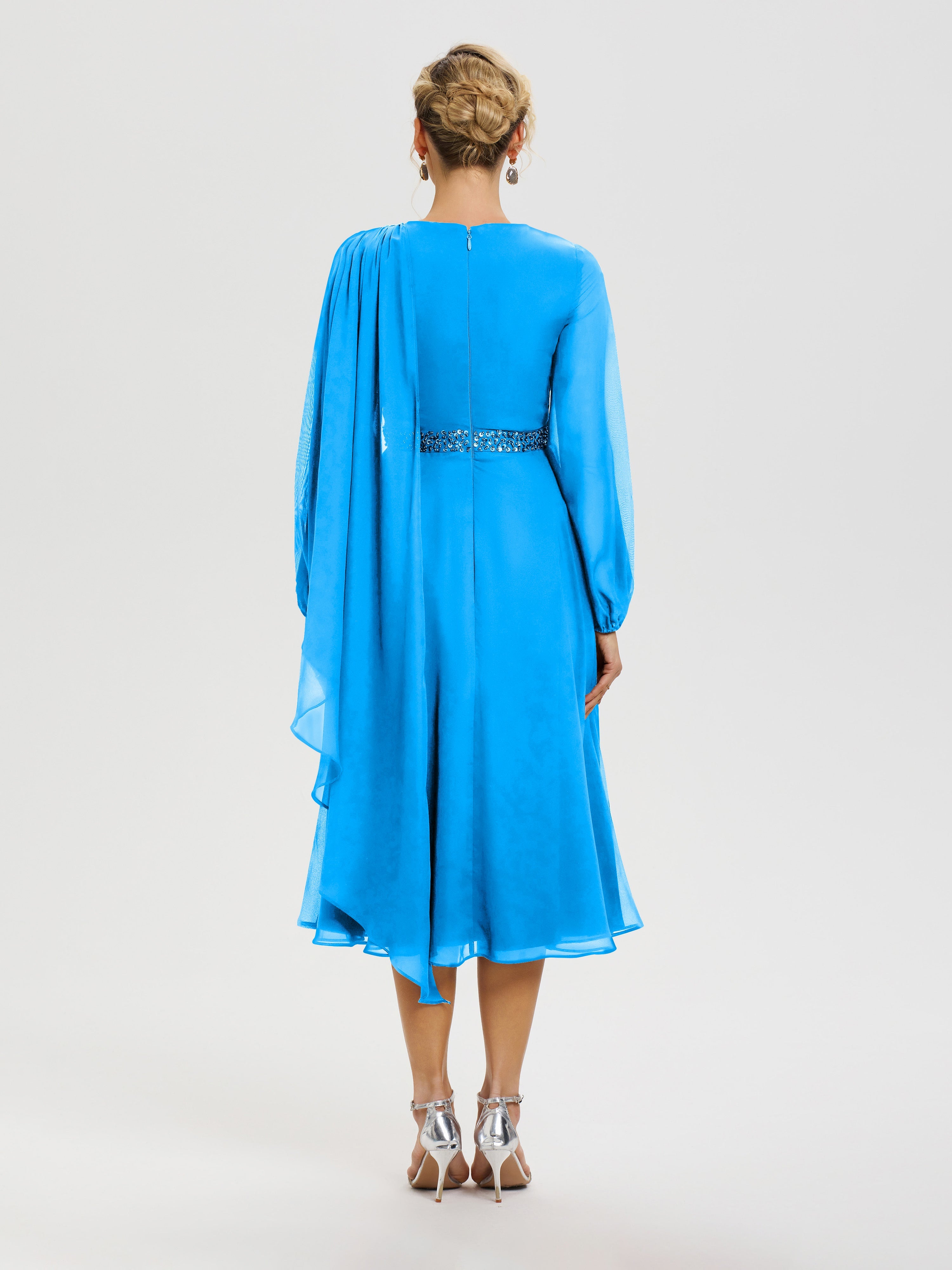 Cicinia Robe Mère De La Mariée Bleu Océan Col Rond Manches Longues Mousseline Robe De Mère Du Marié