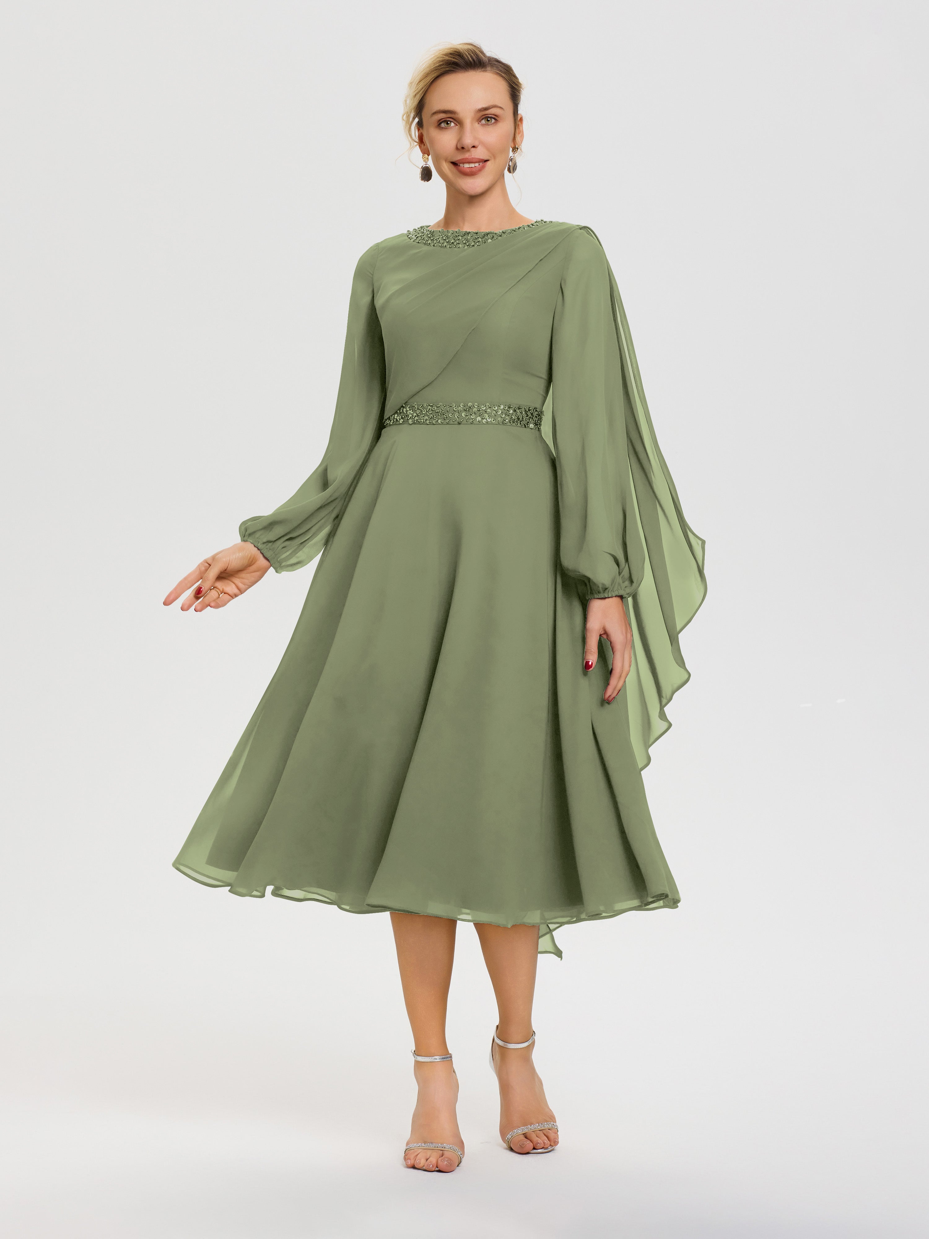 Robe Mère De La Mariée Chic Vert Olive Col Rond Manches Longues Mousseline Robe De Mère Du Marié