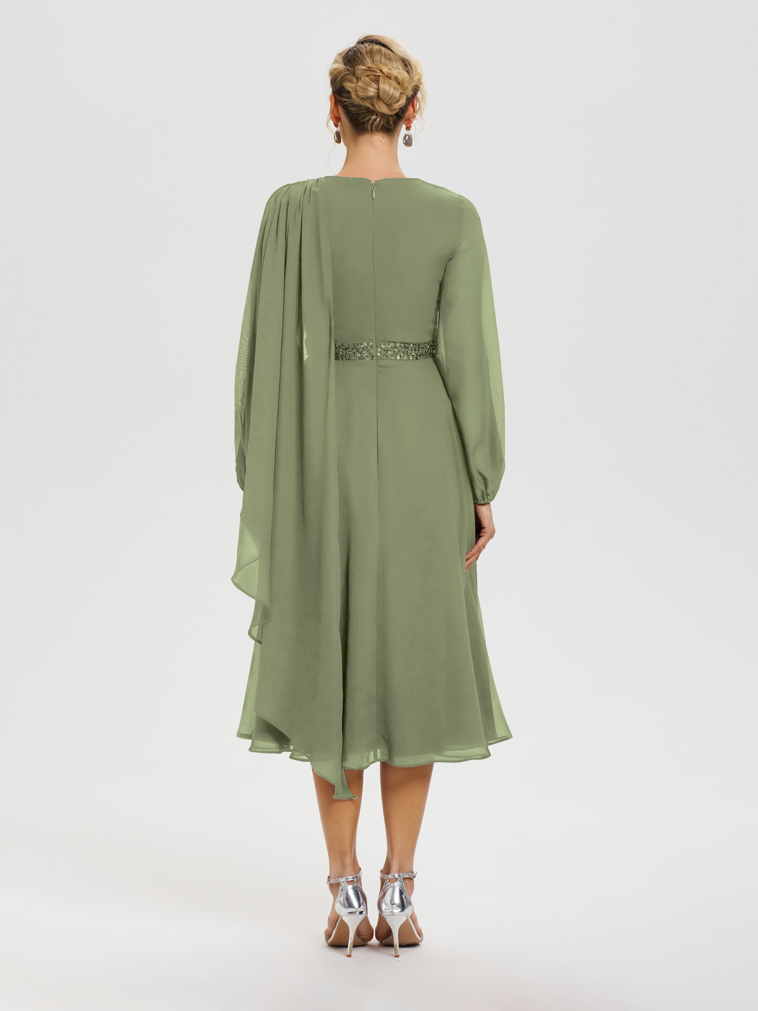 Robe Mère De La Mariée Chic Vert Olive Col Rond Manches Longues Mousseline Robe De Mère Du Marié